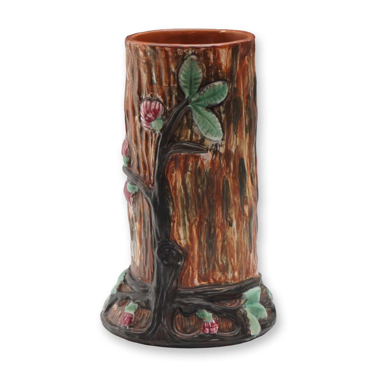 Weller Pottery Warwick Art Floral Tree Trunk Vase: Charming Weller Pottery Warwick Art vase in the form of a tree trunk with applied flowering branch and foliage in relief. Finished in rich brown bark-textured glaze with hand-painted green leaves and 