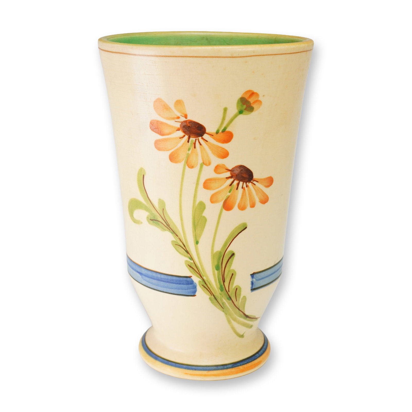 Weller Pottery Hand-Painted Floral Vase, Bonito: A Weller Pottery ceramic vase in the Bonito pattern, dating to the late 1920s. This vessel features a tapered, flared silhouette set upon a footed base. The exterior is finished in a cream-colored gla
