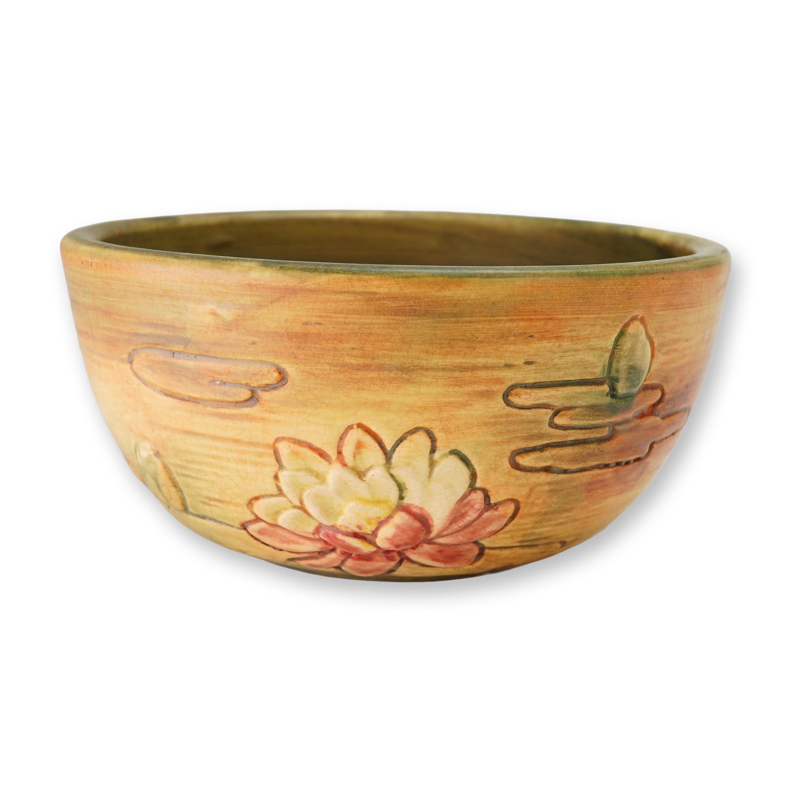 Weller Pottery Relief Matte Glaze Bowl, Water Lily: An American Art Pottery earthenware bowl produced by Weller Pottery of Zanesville, Ohio. This piece features molded low-relief decoration depicting water lilies and lily pads rendered in shades of cre