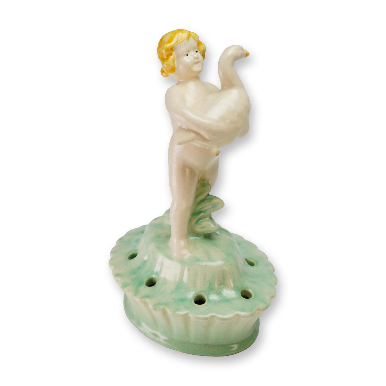Weller Pottery Figural Flower Frog, Hobart Boy with Swan (1 of 3)