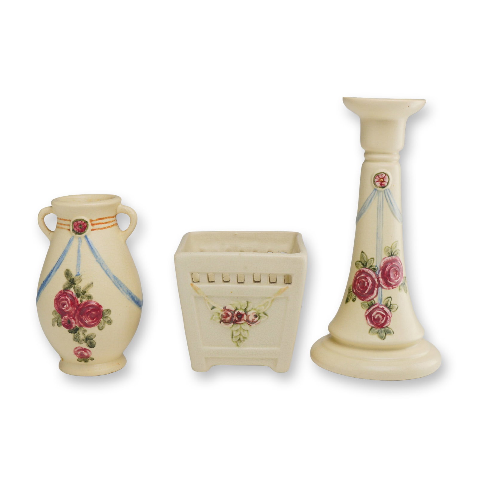 3pc Weller Art Pottery Roma Collection Vase, Planter, and Candlestick: A charming three-piece collection of American art pottery produced by the Weller Pottery Company of Zanesville, Ohio, dating to the early 20th century. The assembly comprises a small twin-handled ovoi