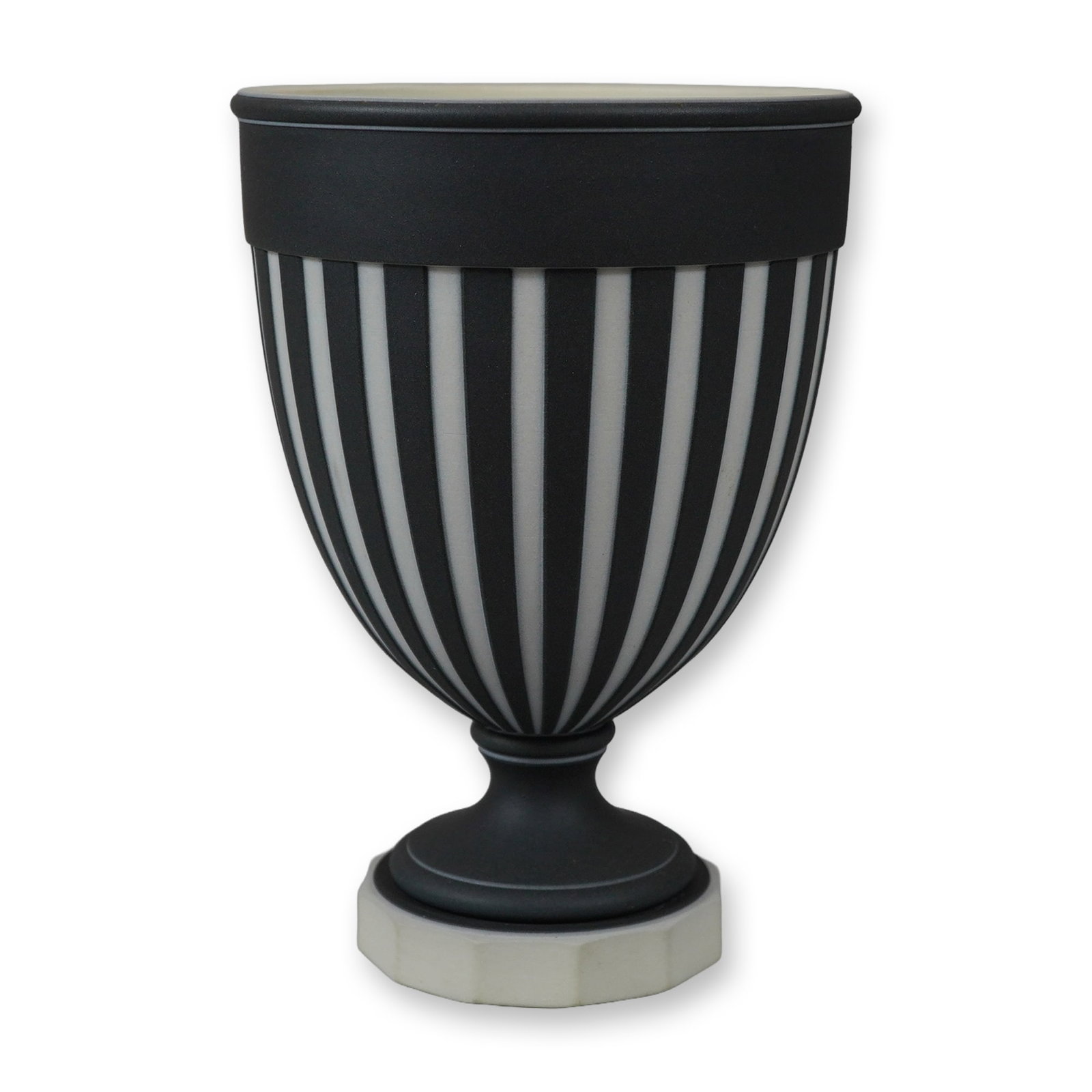 Wedgwood Black and White Striped Commemorative Urn: This Wedgwood commemorative ceramic urn features a bell-shaped body decorated with alternating vertical black and white stripes. The vessel is constructed of matte jasperware or stoneware with a solid