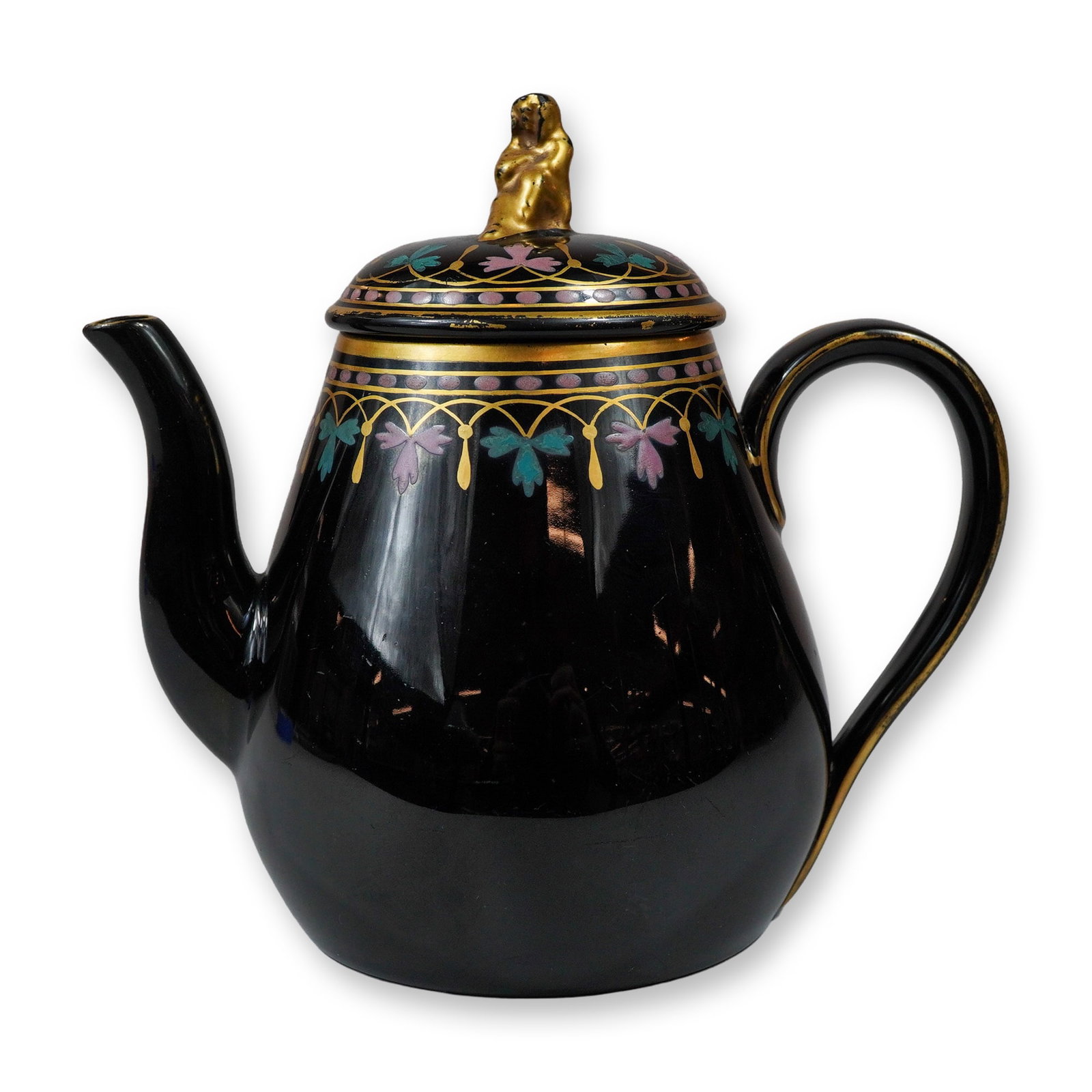 Wedgwood Aesthetic Movement Jackfield Glaze Redware Teapot: This Aesthetic Movement teapot and matching lid are attributed to Wedgwood, featuring a redware body finished in a high-gloss black Jackfield glaze. The teapot has a bulbous form tapering to a defined