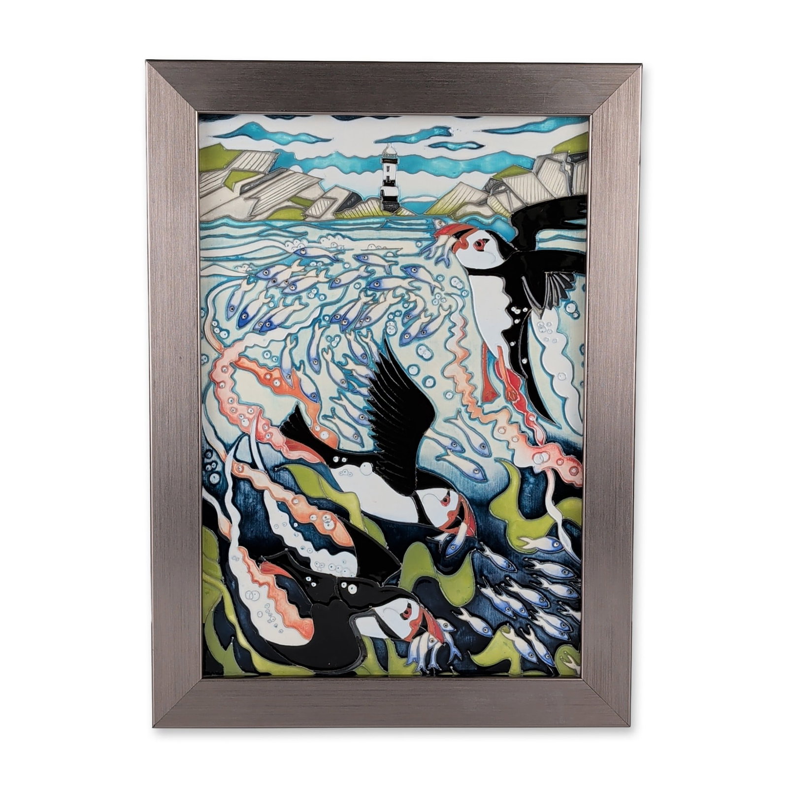 Moorcroft Pottery by Helen Dale Framed Puffin Tile, Skomer Island (1 of 5)