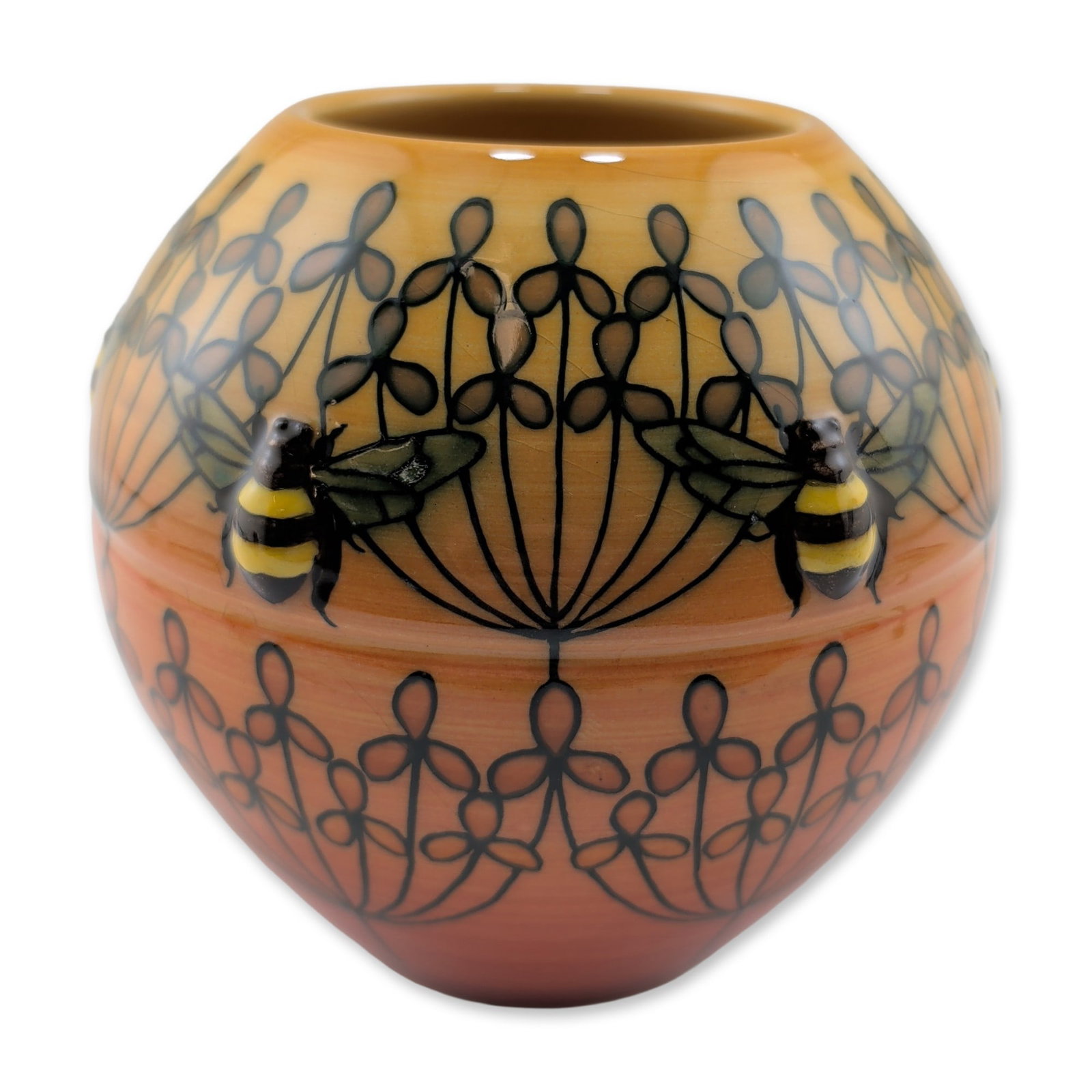 Dennis Chinaworks by Sally Tuffin Bumblebee Motif Vase: The squat, bulbous form features a gradated glaze transitioning from a deep terracotta-color base to a warm amber top. The exterior is decorated with hand-painted, tube-lined black floral sprays resem