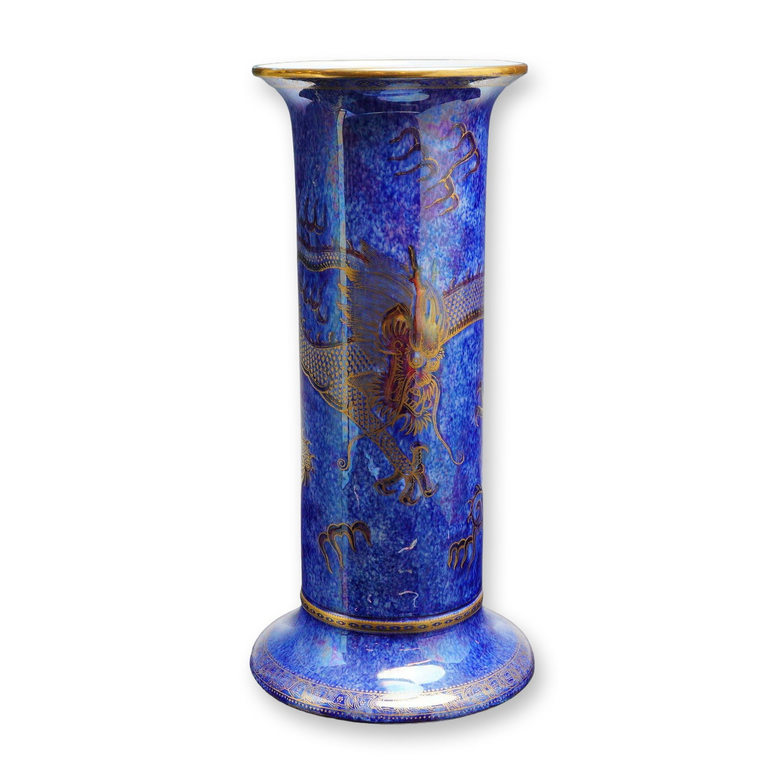 Wedgwood Fairyland Lustre Vase, Celestial Dragon: Designed by Daisy Makeig-Jones. The exterior features a mottled mixed-blue luster glaze with a gilt transfer-printed Celestial Dragon and stylized Sacred Pearl flames. The base has a gilded Persian-Ce