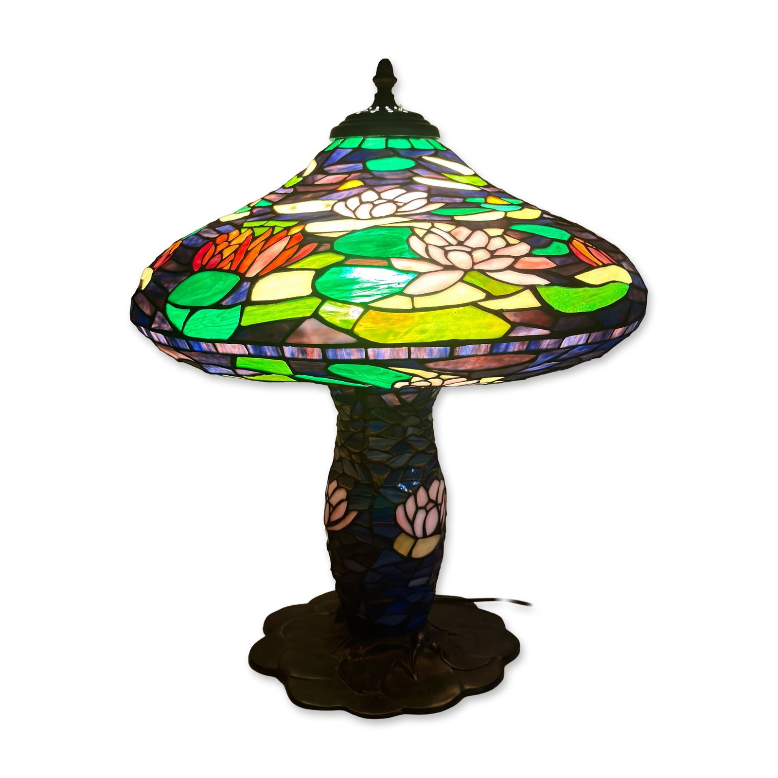 Tiffany-Style Leaded Slag Glass Flowering Water Lily Table Lamp w/ Illuminated Base (1 of 4)