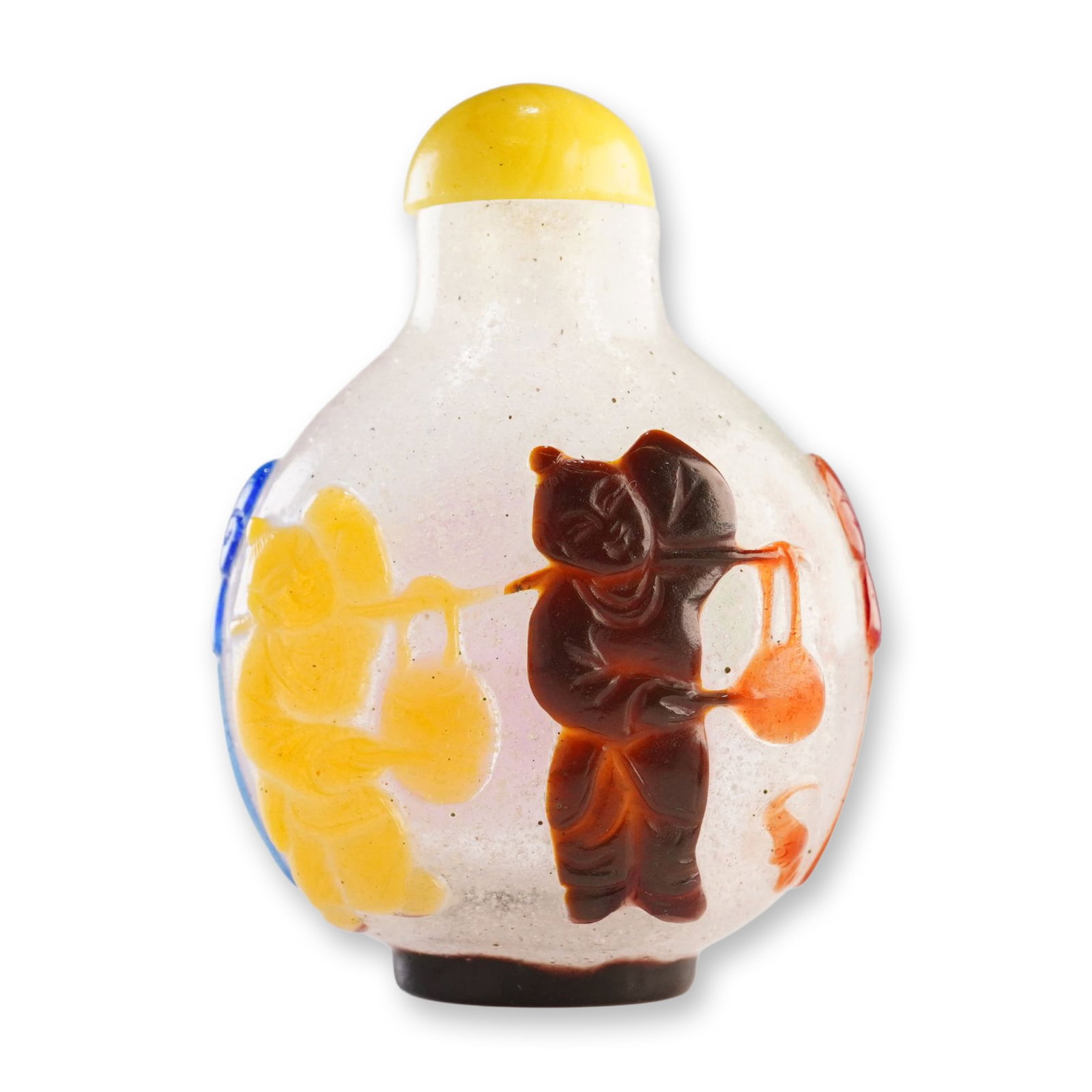 Peking Glass Snuff Bottle, Multi-color Overlay Boys: Featuring a multi-color relief overlay on a clear round snowflake Peking glass snuff bottle, this piece portrays boys carrying objects and near lotus flowers. It is presented with a yellow stopper. Di