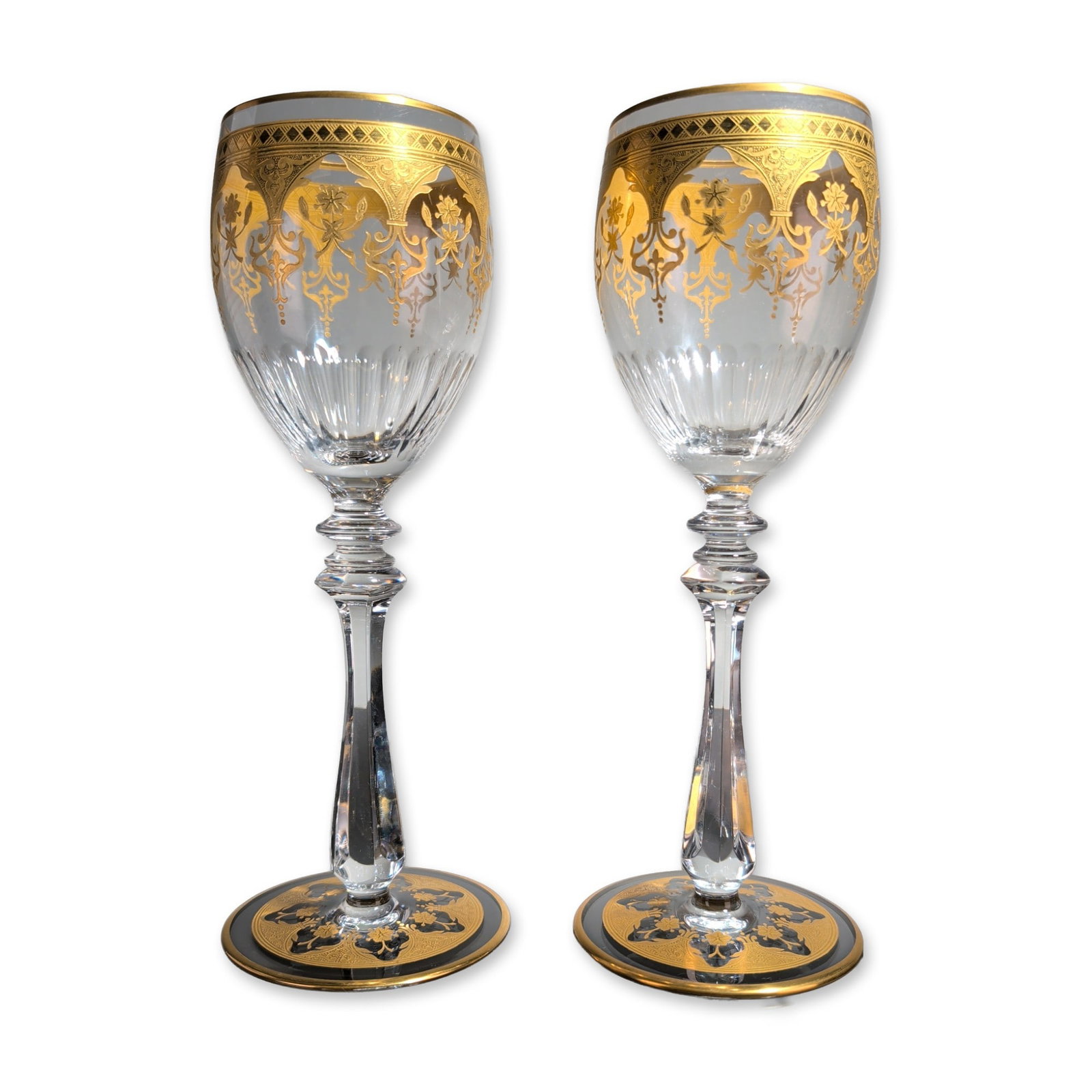 2pc Baccarat France Prestige Gold Encrusted Crystal Wine Glasses: Baccarat, France, pair of Prestige pattern crystal wine goblets featuring gold-encrusted etched decoration with floral sprays, scrolling acanthus leaves, and diaper patterns. Each goblet features a ta