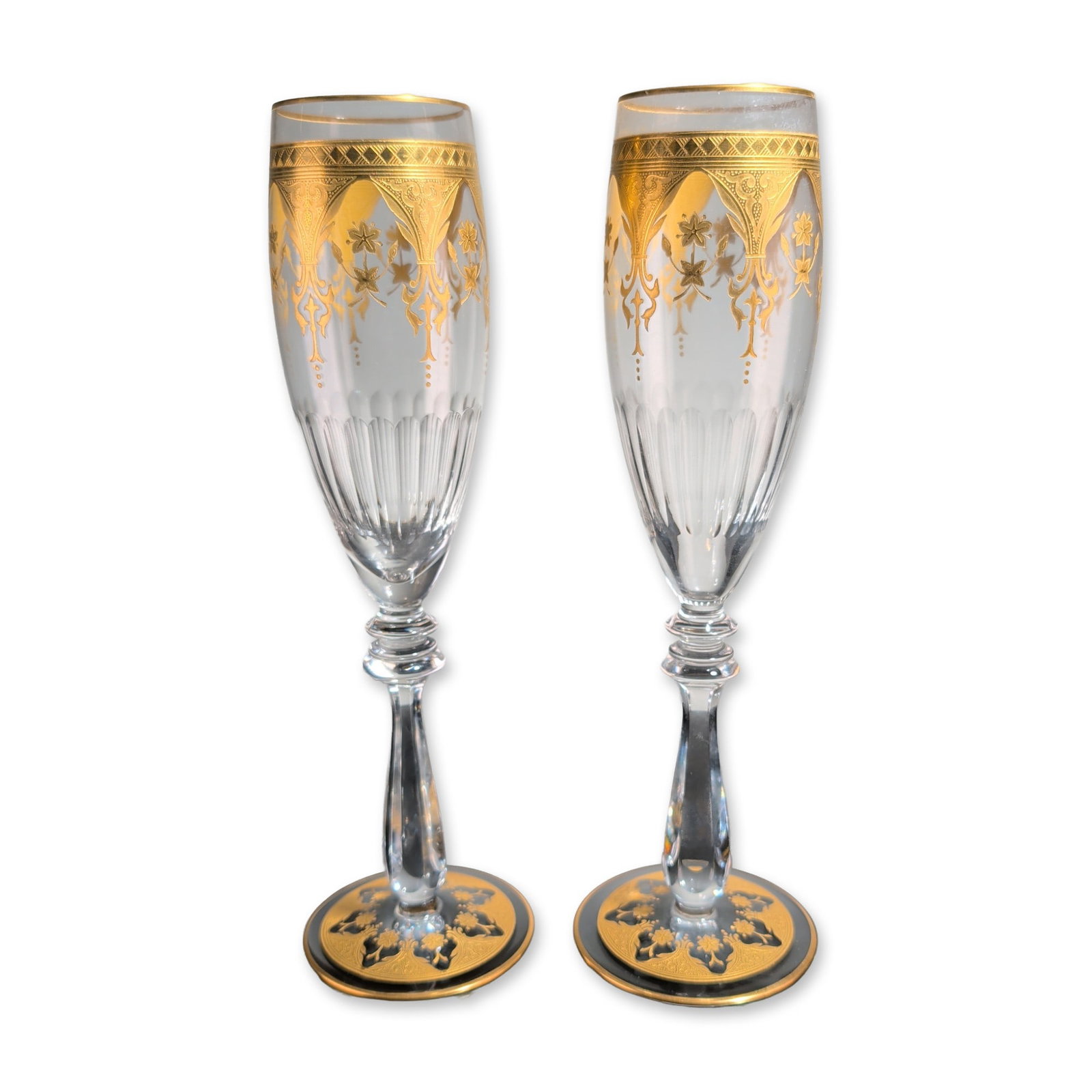 2pc Baccarat France Prestige Gold Encrusted Crystal Champagne Flutes (1 of 4)