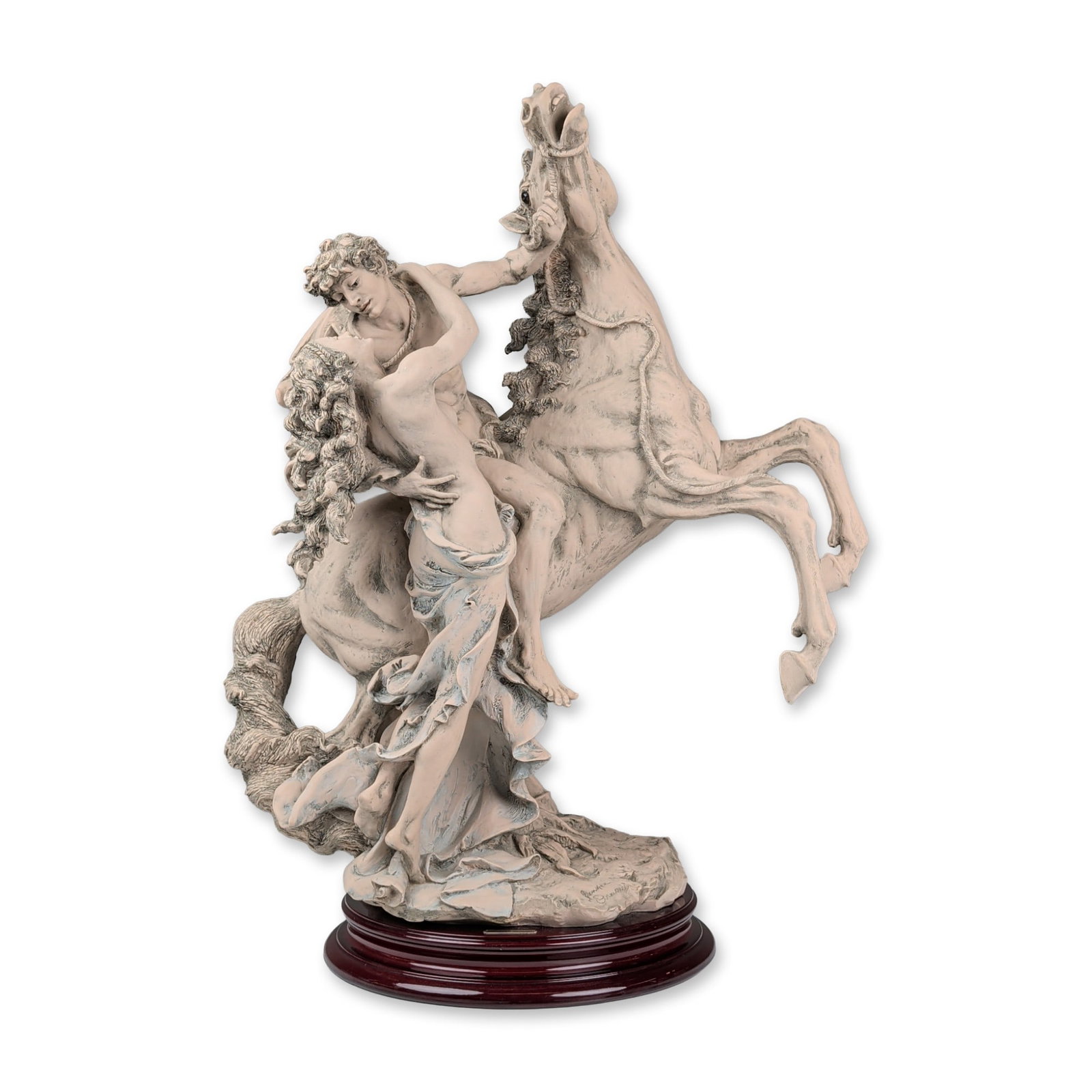 Giuseppe Armani Cold-cast Porcelain Sculpture, The Embrace: Giuseppe Armani for Florence Sculture d'Arte. The Embrace sculpture in cold-cast porcelain with a matte finish, depicting a man and woman on a rearing horse. The composition features detailed anatomic