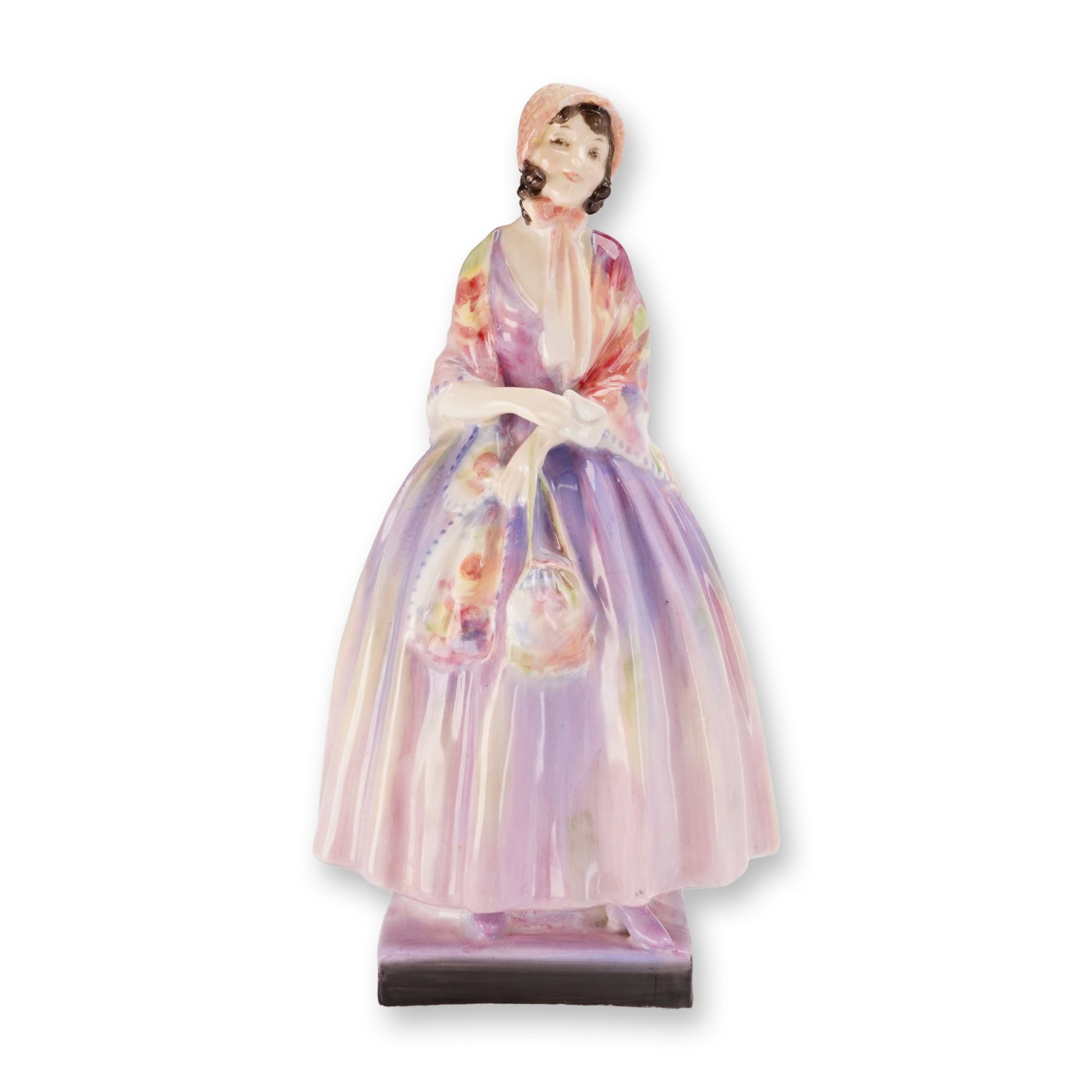 Royal Doulton Porcelain Figurine, Barbara HN1432: Designed by Leslie Harradine. The figure depicts a woman in early 19th-century attire, featuring a lavender pleated skirt and a multi-color shawl with a prominent rose motif to the reverse. Glazed bon