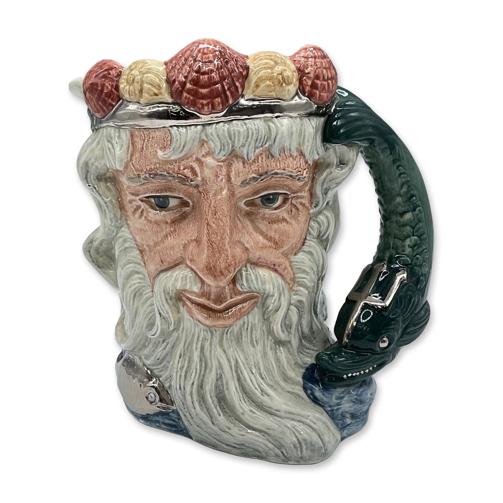 Royal Doulton Colorway Large Character Jug, Neptune D6548: Rare hand painted figural jug of Roman god of the sea. Depicted with a silvery crown with yellow and pink shells, and a long gray beard. A silver-luster fish is resting on his shoulder. The handle is 