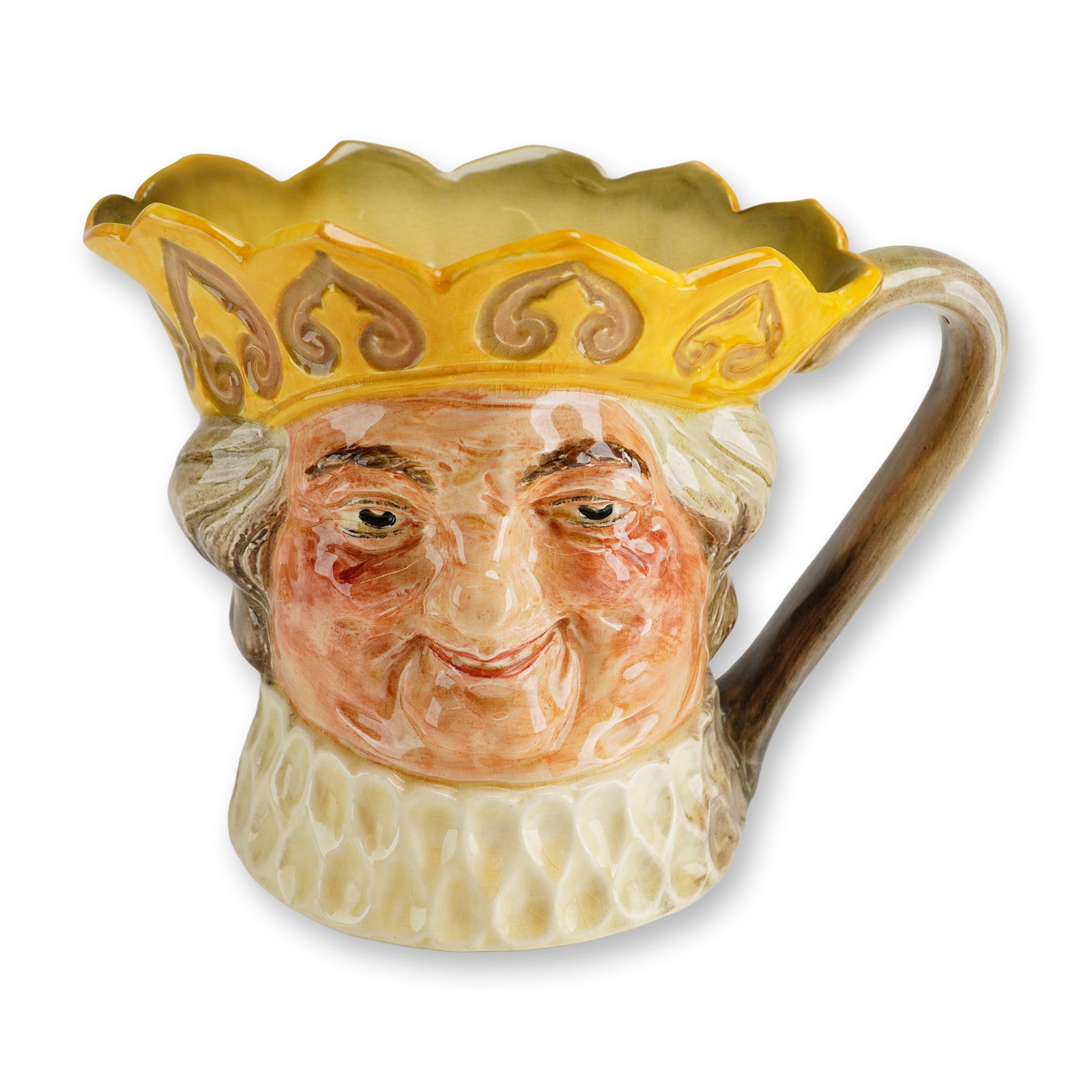 Royal Doulton Large Character Jug, Old King Cole - Yellow Crown D6036: Part of the Literary Character series. Designed by Harry Fenton. White frills and yellow crown. Royal Doulton backstamp. Artist: Harry Fenton Dimensions: 7.75"L x 5.75"W x 5.75"H Manufacturer or Brand