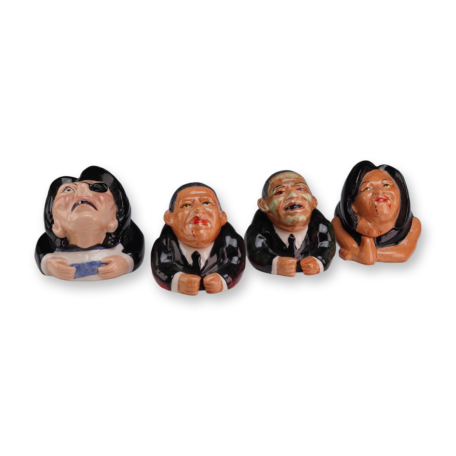 Lot of Four Kevin Francis Artist Edition Halloween Political Face Pots: The set includes Nancy Pelosi depicted as a pirate with an eye patch and skull-and-crossbones headband, Michelle Obama as a vampire with blood at the corners of her mouth, and Barack Obama with two li