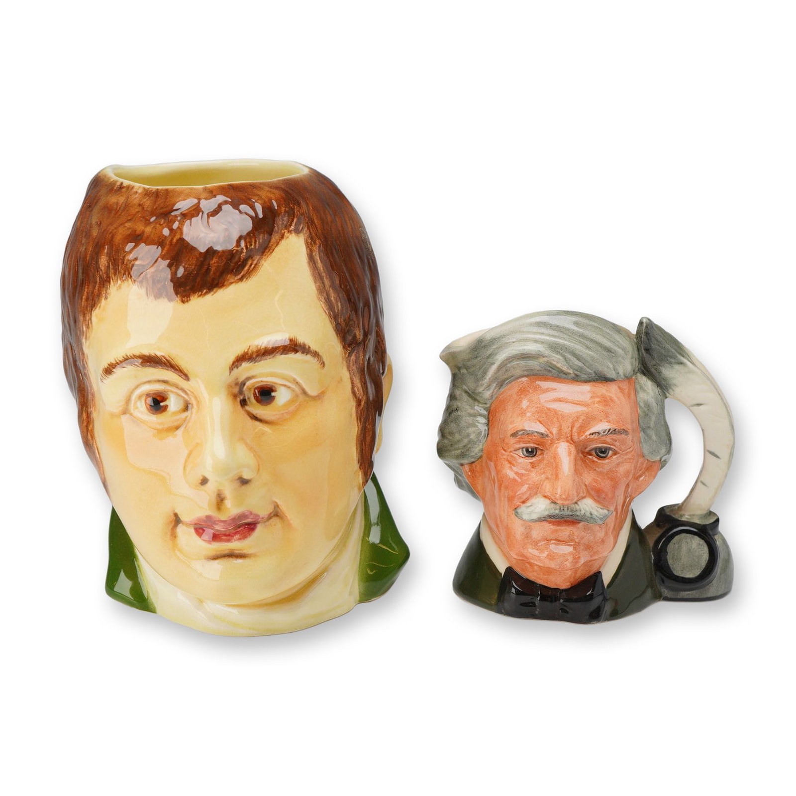 2pc Sylvac and Royal Doulton Literary Character Jugs, Robert Burns and Mark Twain: English ceramic literary character jugs, including one large and one small example. The larger jug by Sylvac depicts Scottish poet Robert Burns, featuring a cream-colored face, brown hair, and a green