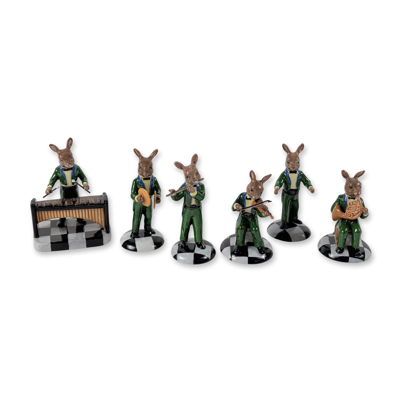 6pc Rare Colorway Royal Doulton Bunnykins Orchestra Ceramic Figurine Set: Royal Doulton, England, 2006. Group of six rare colorway Bunnykins Orchestra ceramic figurines, including The Conductor (DB 396), The Violinist (DB 390), The Flute Player (DB 391), The Cymbal Player (