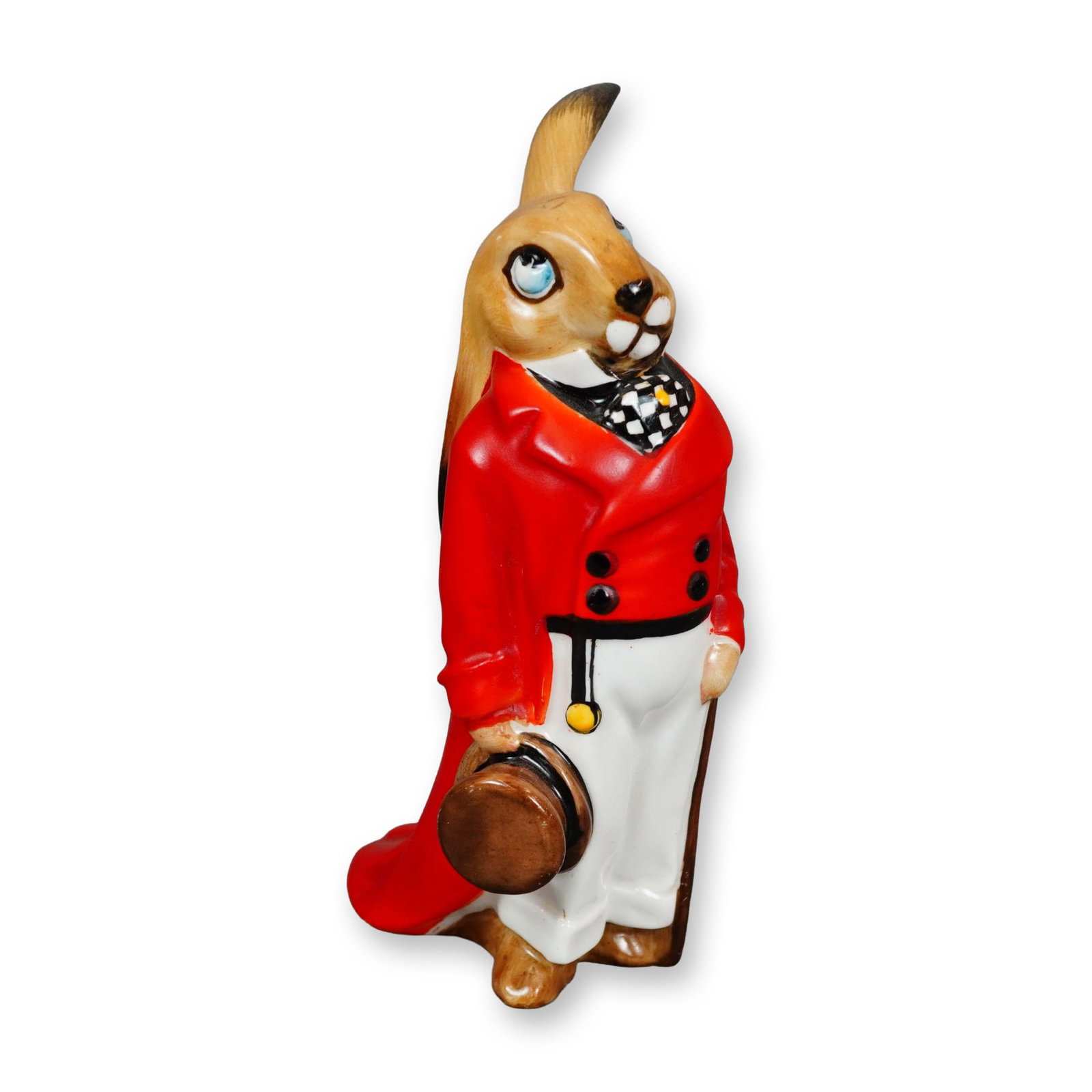 Royal Doulton Porcelain Figurine, Rabbit in the Morning Dress HN101: Hand-painted Royal Doulton figure of a bunny wearing a long red coat, white trousers, brown shoes, and a hat. Depicted standing with its left ear perked upward. Royal Doulton backstamp. Artist: Charle