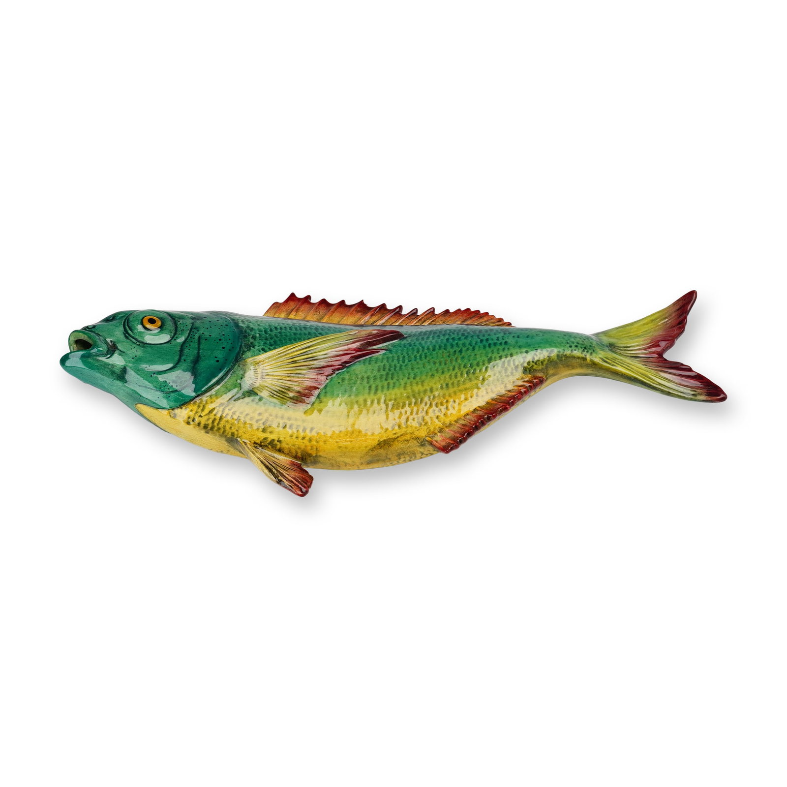 Royal Doulton Archive Collection Prototype Fish Figurine 2001: This Royal Doulton glazed earthenware figure of a fish is a documented archival piece from the year 2001. The three-dimensional form is modeled in a horizontal position with a wide-open mouth and feat