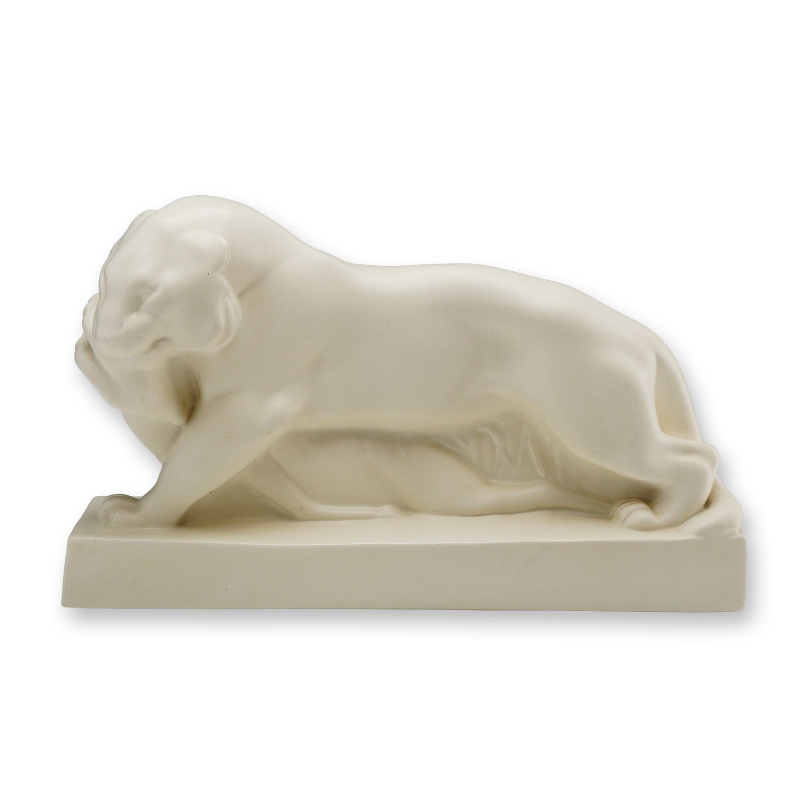 Wedgwood Art Deco Ceramic Tiger and Buck Sculpture by John Skeaping: This Art Deco style animalier sculpture, titled Tiger and Buck, was produced by Wedgwood and designed by British sculptor John Skeaping (1901-1980). The piece depicts a stylized tiger in a low-slung c