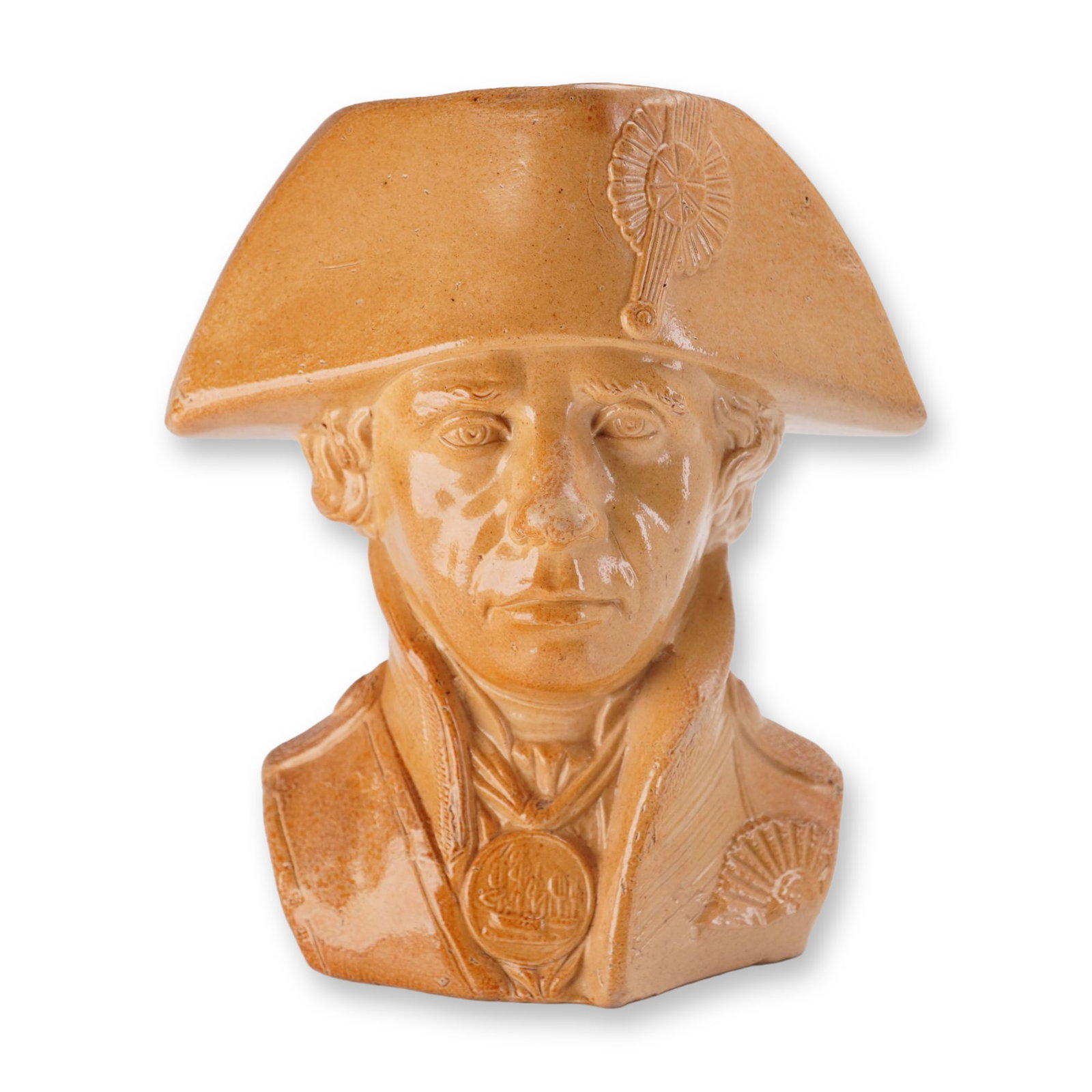 Doulton & Watts Lambeth Pottery Lord Nelson Salt-Glazed Stoneware Character Jug: Character jug in salt-glazed stoneware, depicting Admiral Lord Horatio Nelson in naval dress with a bicorne hat and commemorative medal. The reverse is fitted with a molded rope-twist handle, and the 