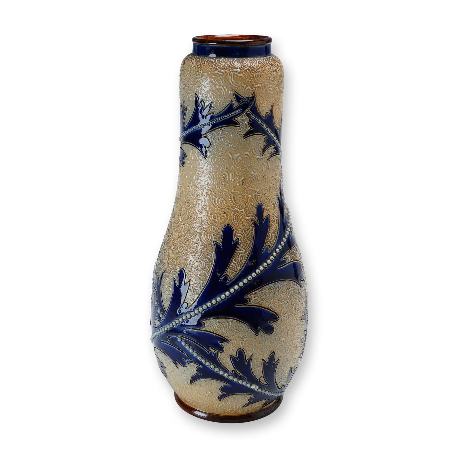 Royal Doulton by George Tinworth and Bessie Newberry Stoneware Art Nouveau Foliate Vase: Hand decorated by George Tinworth and Bessie Newberry. Vase with Art Nouveau decoration, featuring cobalt-blue glazed leaves with incised outlines and white beaded relief detailing. White p?te-sur-p?t