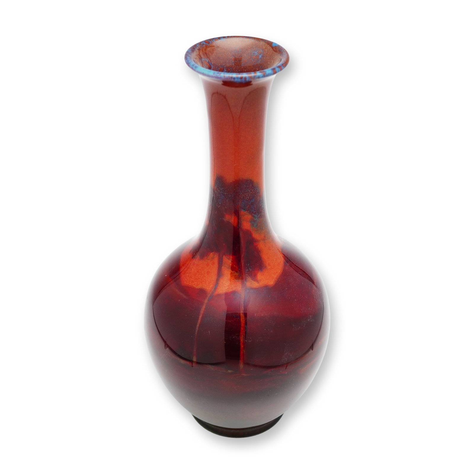 Royal Doulton Sung Flambe by Charles Noke Landscape Vase: Red-fired flambe vase shaped like a bottle, featuring a rounded body, elongated slender neck, and a small flared rim. The surface is decorated with a scenic landscape of trees, mountains, and a lake. 