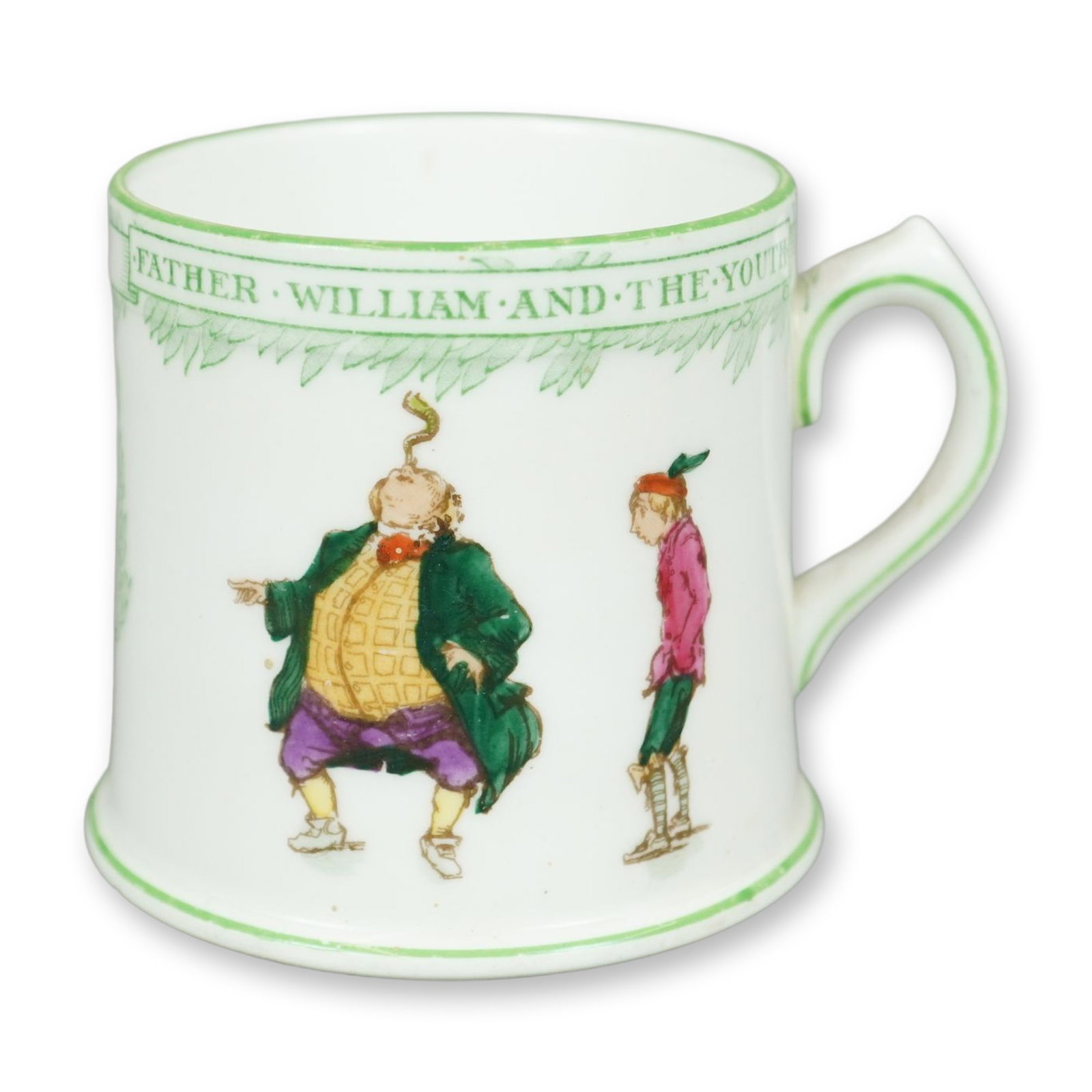 Royal Doulton Series Ware Cup, Father William and The Youth E4090: A small white cup with green accents. Depicting Alice and Wonderland's Father William balancing an eel on his nose in front of a youth. Royal Doulton backstamp. Retains Whitley Collection sticker. Dim