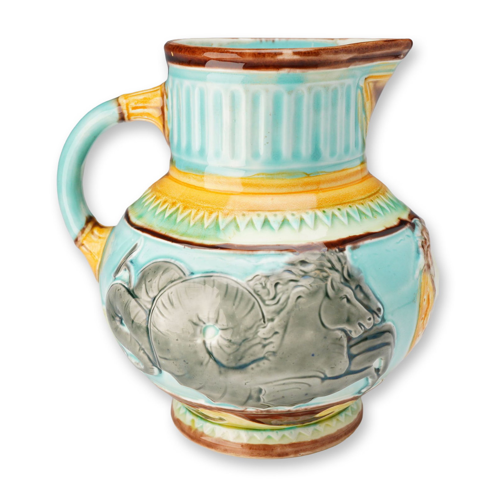 Wedgwood Majolica Neptune and Hippocampus Jug: A relief-molded Wedgwood majolica jug featuring classical mythological motifs on a turquoise ground. The bulbous body is decorated with two hippocampi (mythical sea horses) finished in a gray-green gl