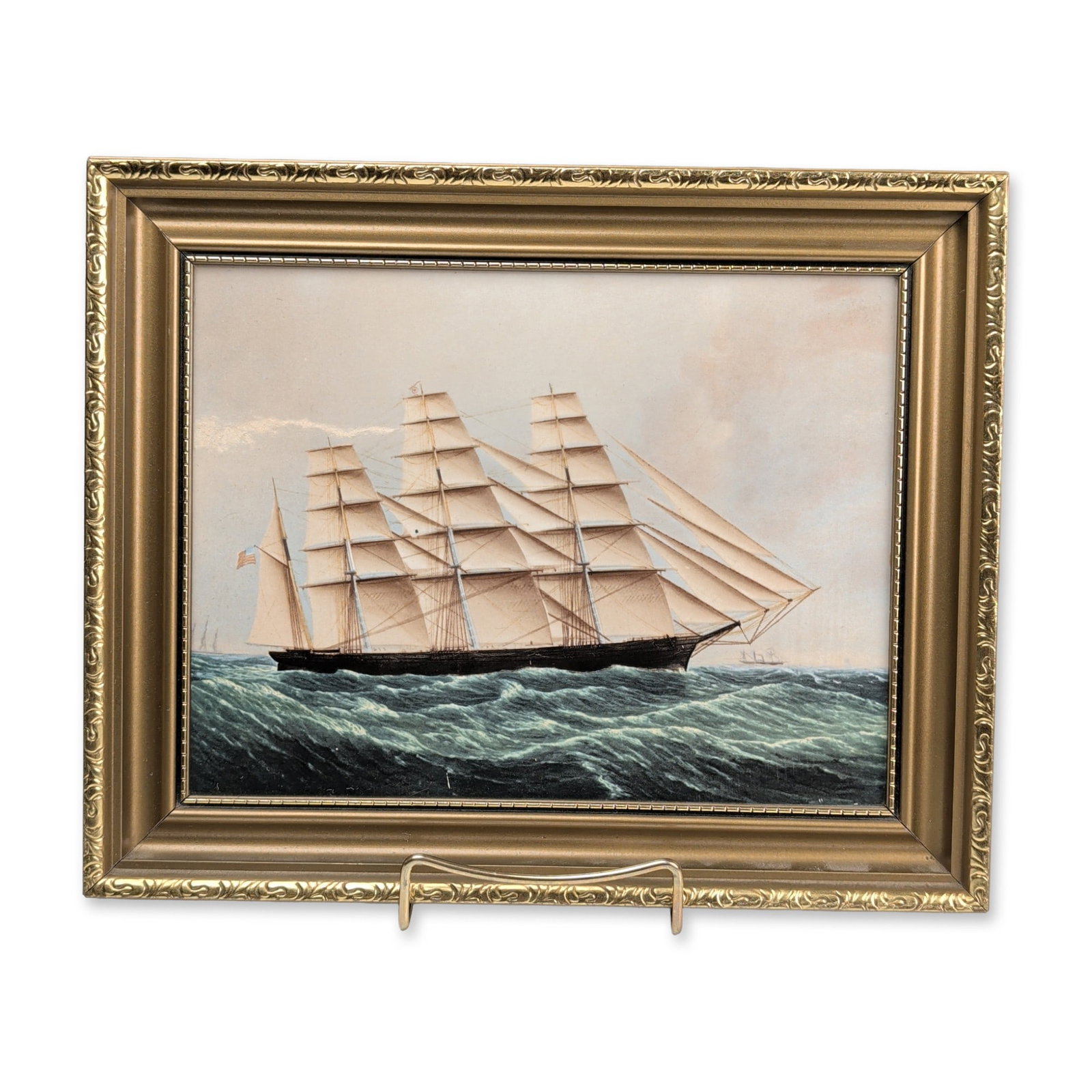 Wedgwood of Etruria & Barlaston Framed Porcelain Nautical Tile, Great Republic: Wedgwood ceramic plaque depicting the clipper ship Great Republic under full sail on a green sea. The artwork is a reproduction of an original painting by Skillet, produced with the permission of the 