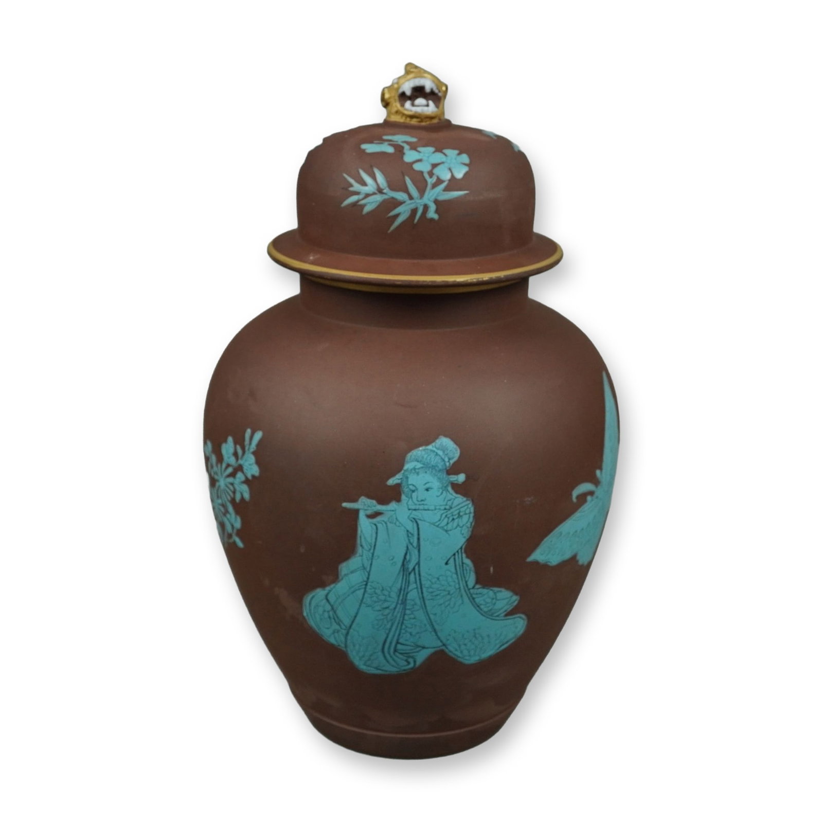 Wedgwood Chocolate Stoneware Lidded Ginger Jar with Turquoise Enamel Chinoiserie Decoration: A Wedgwood lidded ginger jar constructed from matte chocolate brown stoneware. The exterior is decorated with raised turquoise blue enamel in a Chinoiserie style. The motifs include a seated figure pl