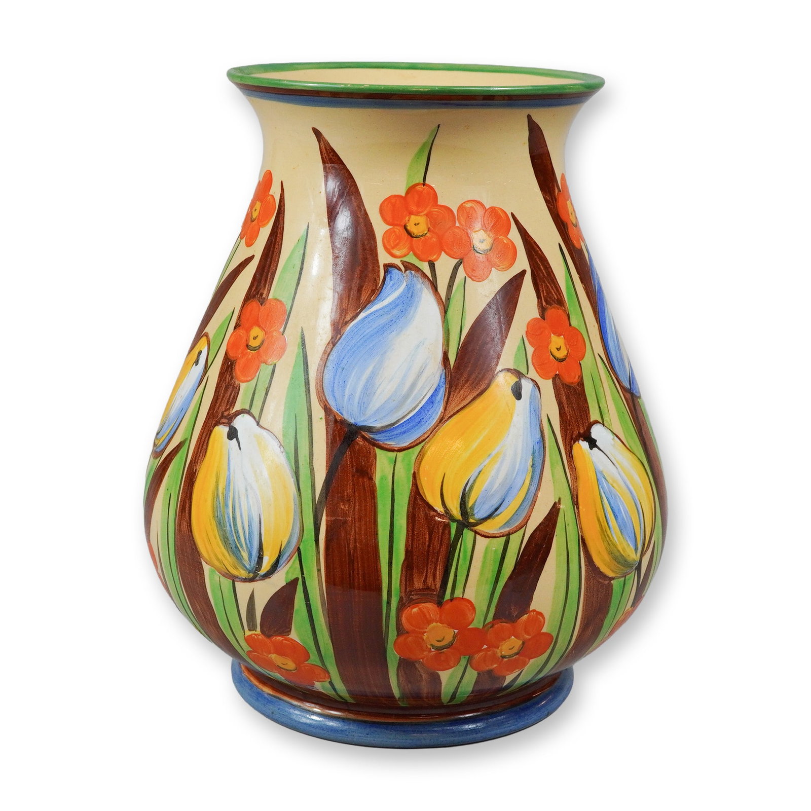 Wedgwood Art Deco Hand Painted Earthenware Vase: This bulbous earthenware vase was manufactured by Wedgwood during the Art Deco period, circa 1930s. The vessel features a wide, rounded body that tapers to a slightly flared rim, set upon a low, inset