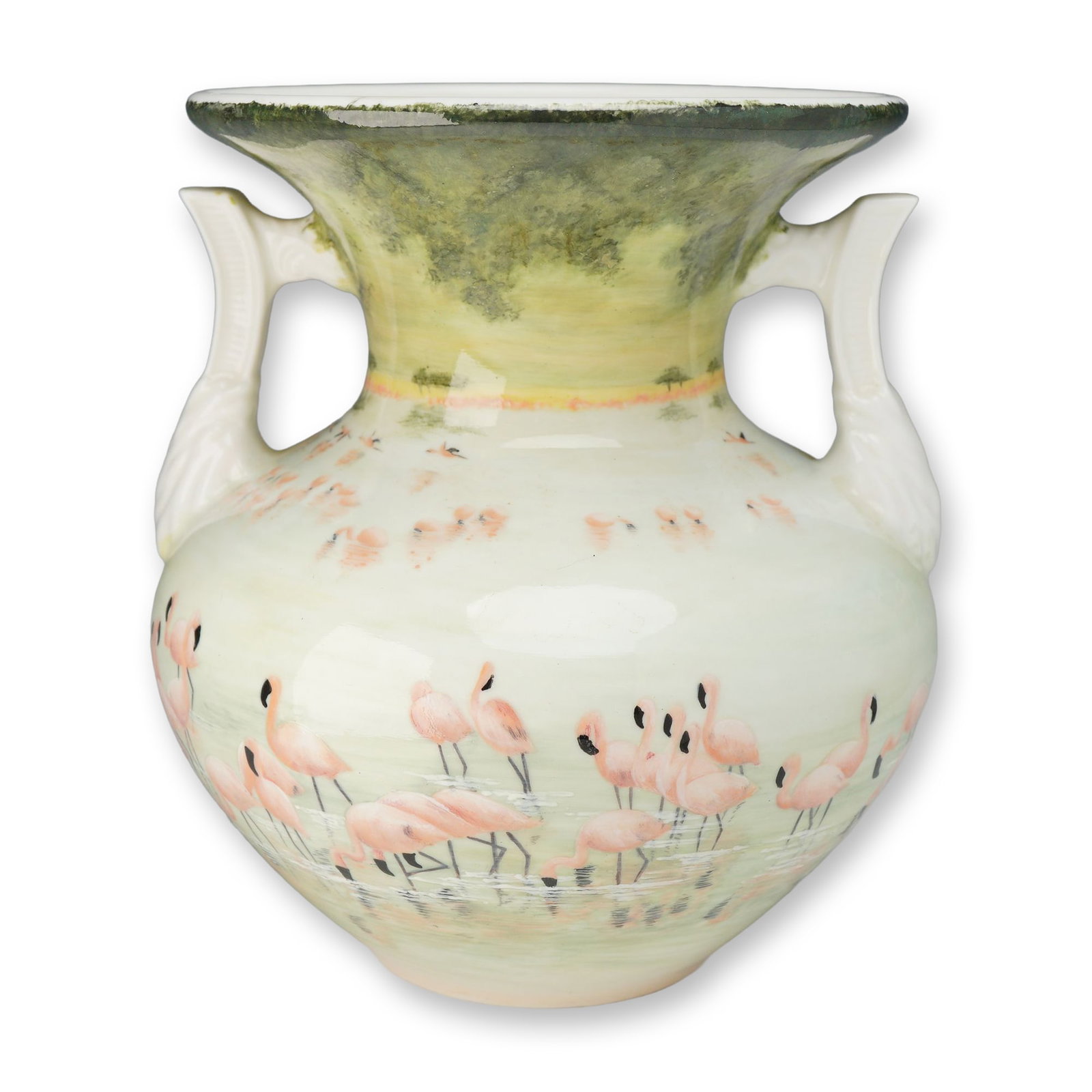 Wedgwood Barlaston Collection Limited Edition Hand-Painted Flamingo Bone China Vase: This is a large, twin-handled bone china vase produced by Wedgwood as part of the Barlaston Collection. The piece features a wide, ovoid body tapering to a narrow base, with a flared, wide-mouthed nec