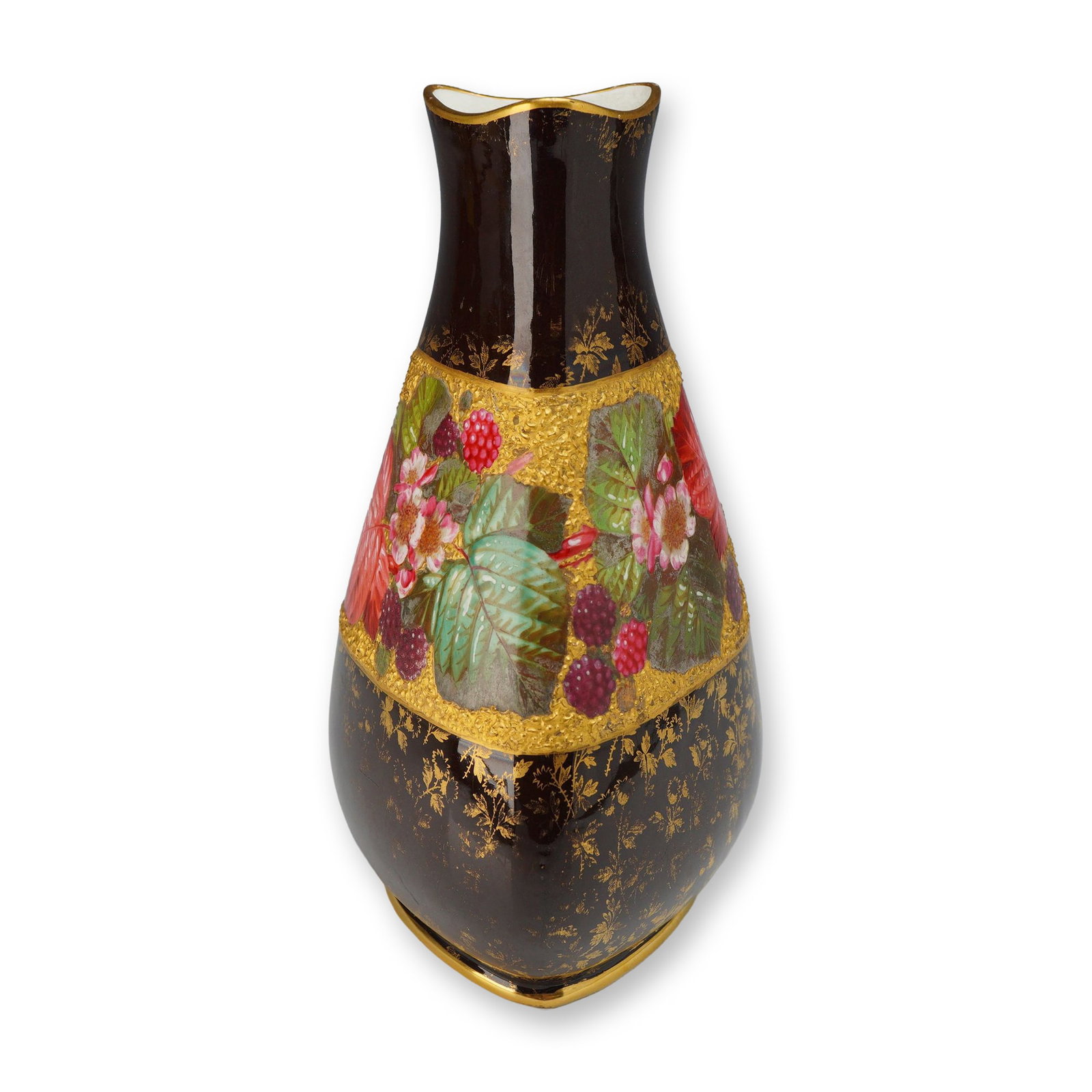 Wedgwood Gilt Creamware Triangular Botanical Vase, circa 1880: A Wedgwood creamware vase of tapering triangular form featuring a flared, scalloped, and trilobed rim. The body is decorated with a central horizontal band of hand-painted botanical motifs including r
