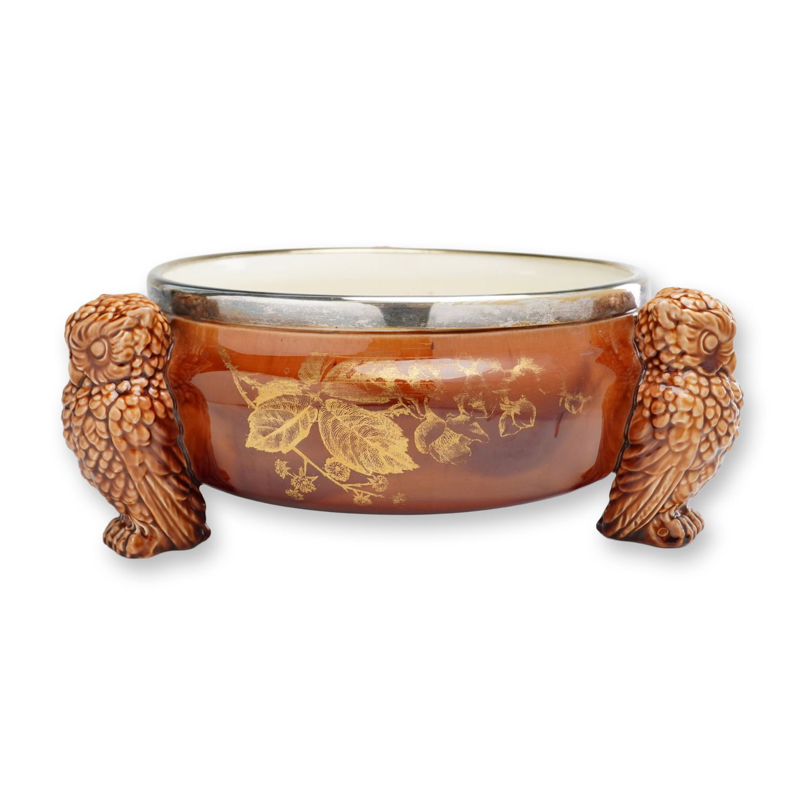 Wedgwood Brown Glazed Ceramic Salad Bowl with Owl Feet and Silver Rim (1 of 4)