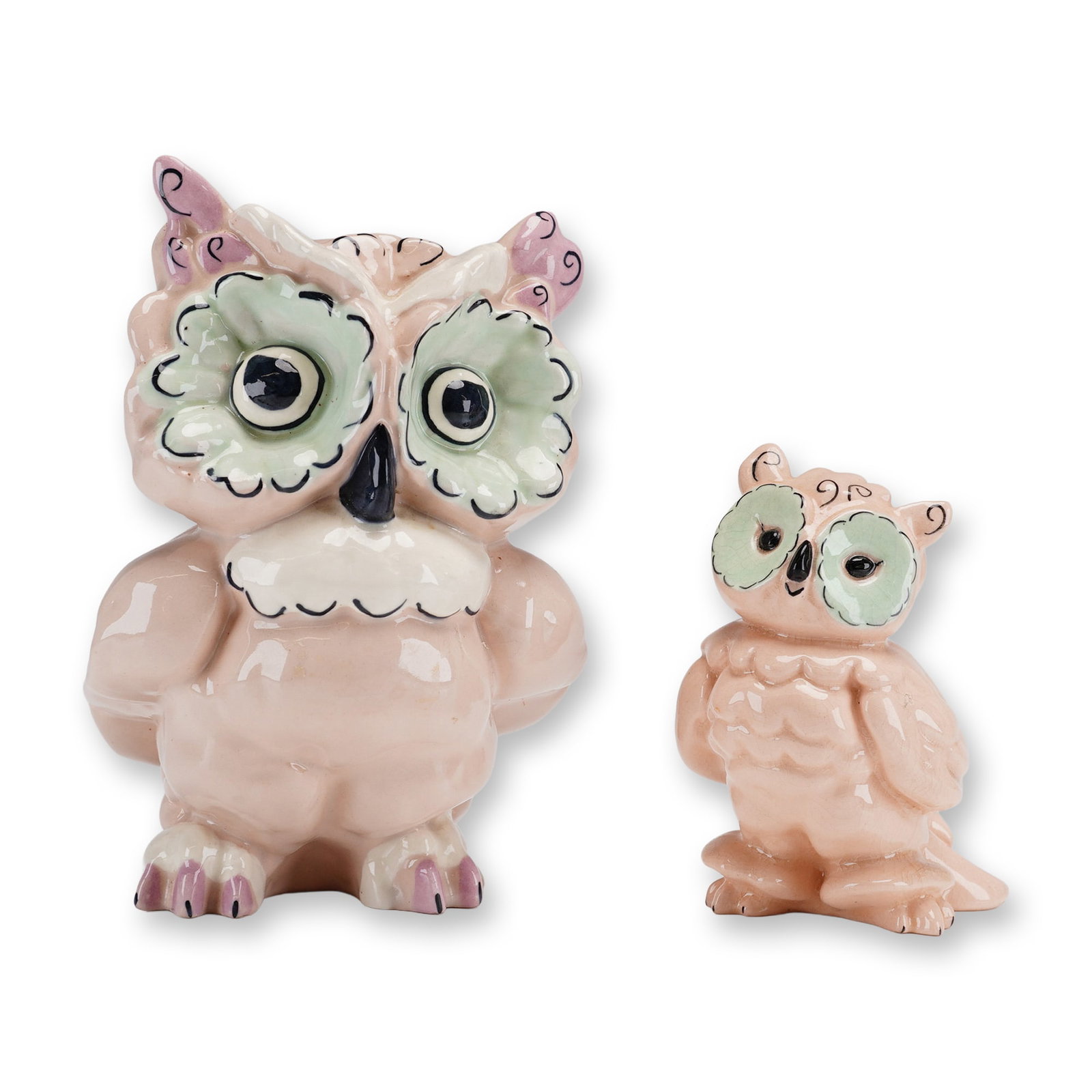 Kay Finch California Pottery Figurines, Hoot and Toot Owl: This pair of was produced by Kay Finch Ceramics in California. The set includes a larger owl and a smaller companion, both finished in a pale pink glaze with distinctive pale green scalloped eye surro