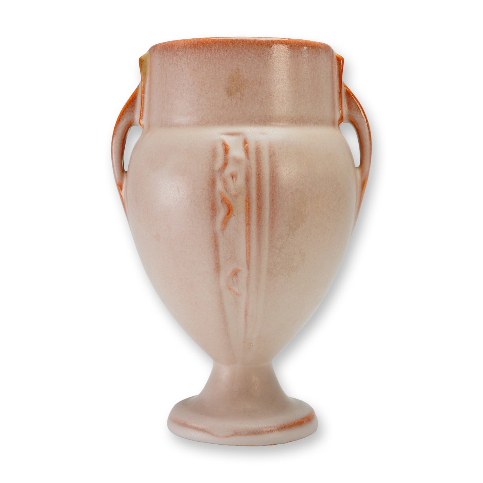 Roseville Pottery Trophy Vase, Moderne: This Roseville Moderne art pottery vase, model number 657-6, was introduced in 1936. The ceramic vessel features a classical amphora-style form with a pedestal base and two loop handles extending from