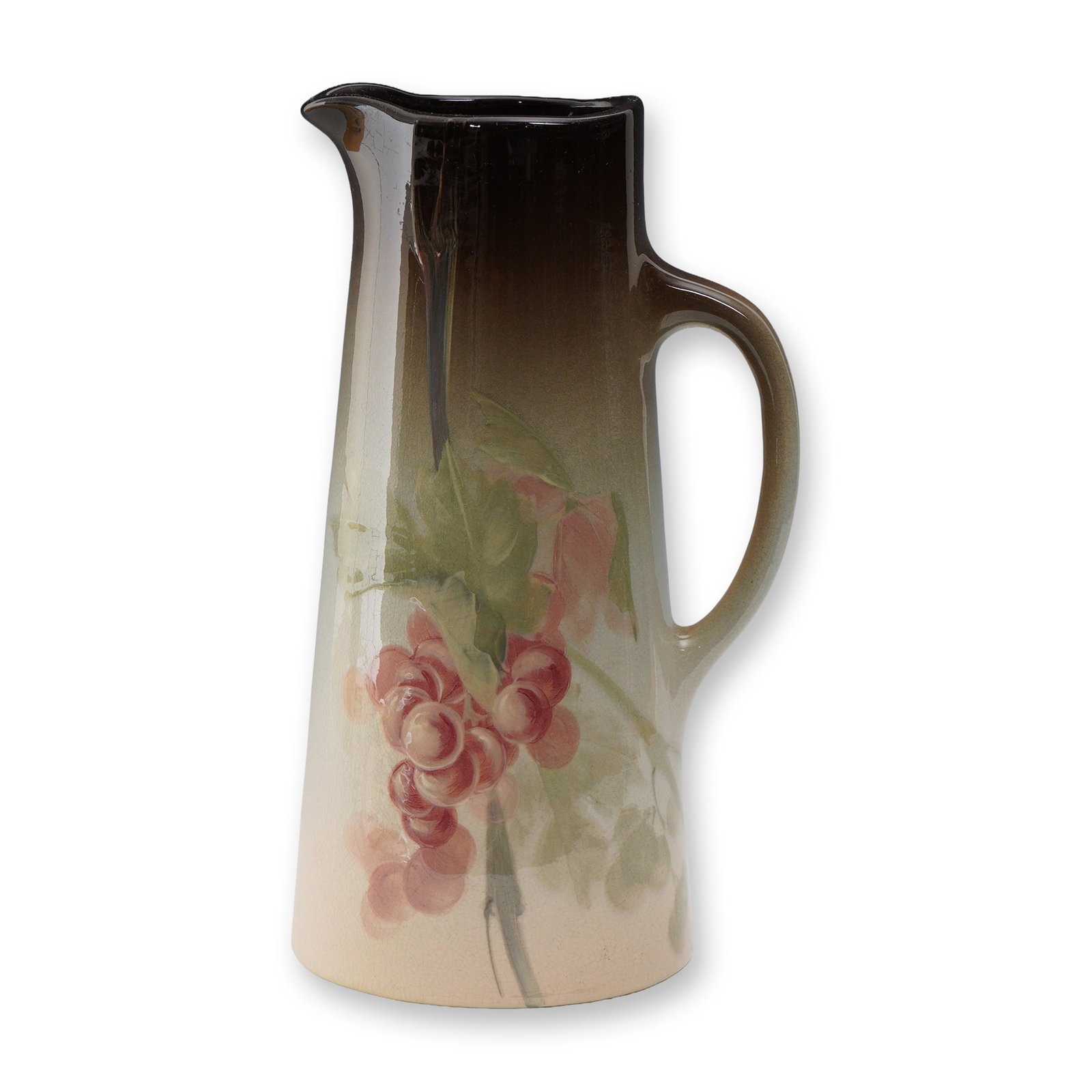 Weller Pottery Louwelsa Hand-Painted Tankard, Signed Ferrell: Large Weller Pottery Louwelsa tankard with hand-painted grape and leaf decoration. Executed in rich naturalistic tones with a shaded brown to ivory ground and high-gloss glaze, the piece bears the art