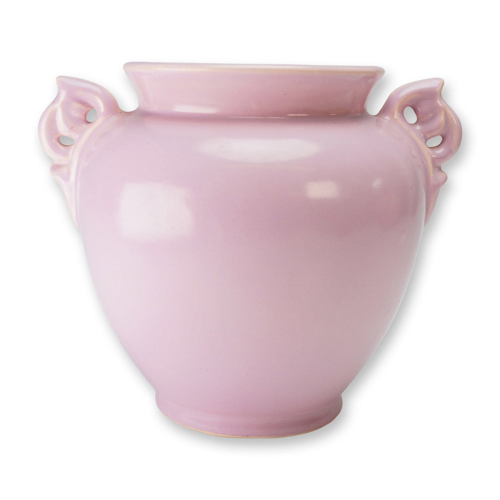 Weller Pottery Pink Double Handled Vase: A mid-century ceramic vase attributed to Weller Pottery. The vessel features a bulbous body tapering to a short, flared rim, flanked by two decorative scroll handles. The exterior is finished in a uni