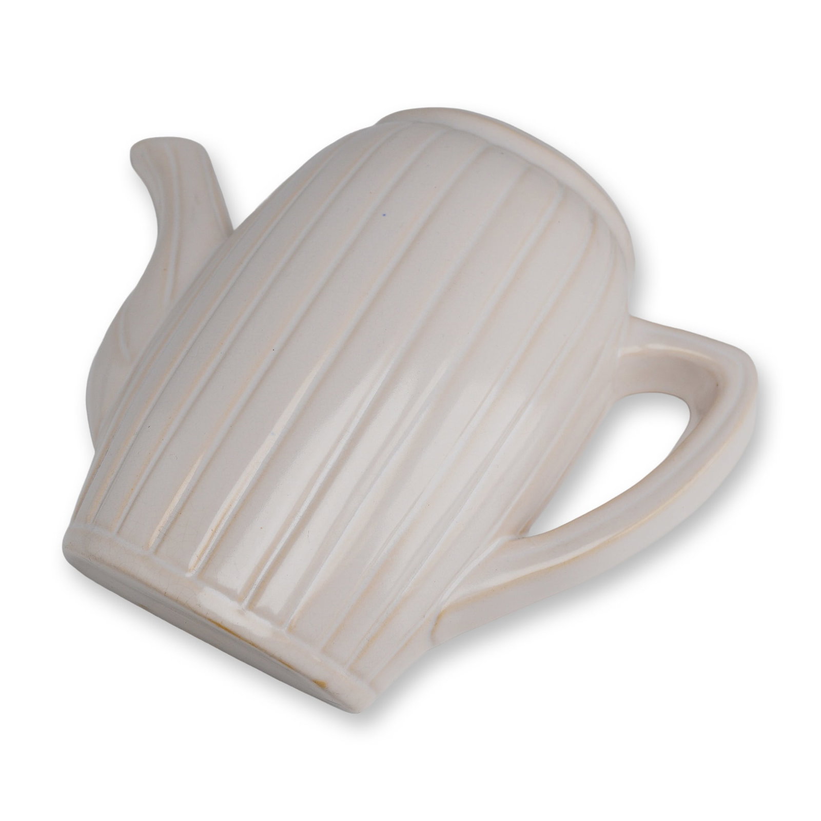 Rare Weller Pottery Novelty Wall Pocket, Teapot: A Weller pottery ceramic wall pocket modeled in the form of a teapot. The piece features a cream-colored glaze with vertical fluting across the body. It is designed with a decorative spout and handle 