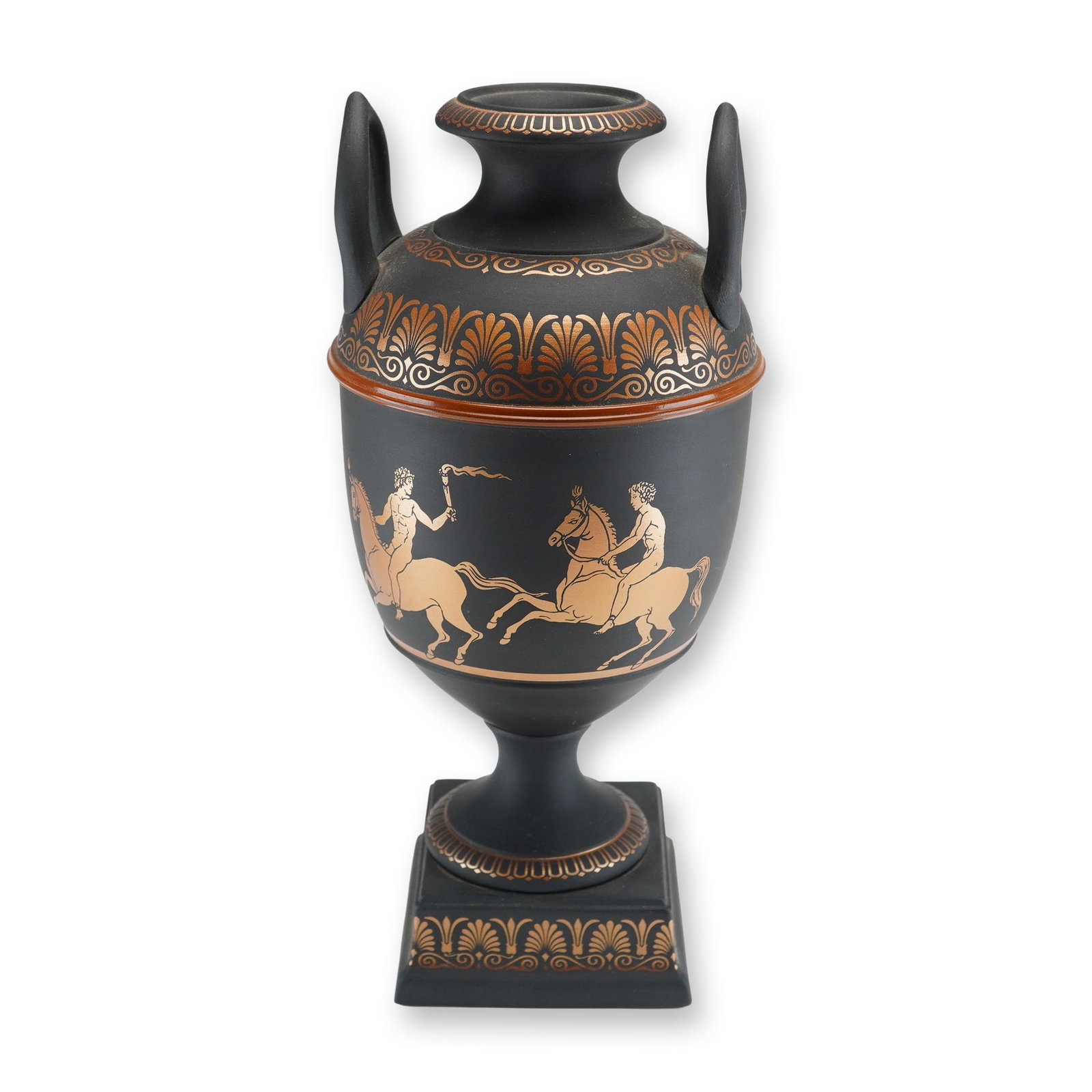 Wedgwood Black Basalt Limited Edition Olympic Victory Vase: This contemporary Wedgwood black basalt twin-handled amphora-style vase is set on a square pedestal base and decorated in a classical Greek red-figure style with terracotta-colored encaustic-type orna