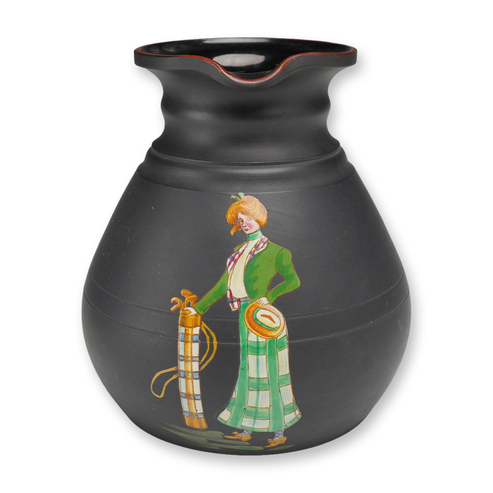 Wedgwood Black Basalt Kenlock Ware Golfing Jug: This Wedgwood black basalt stoneware jug is from the Kenlock Ware line and features polychrome enamel decoration depicting a sporting subject. The bulbous, wide-bodied pitcher has a short, waisted nec