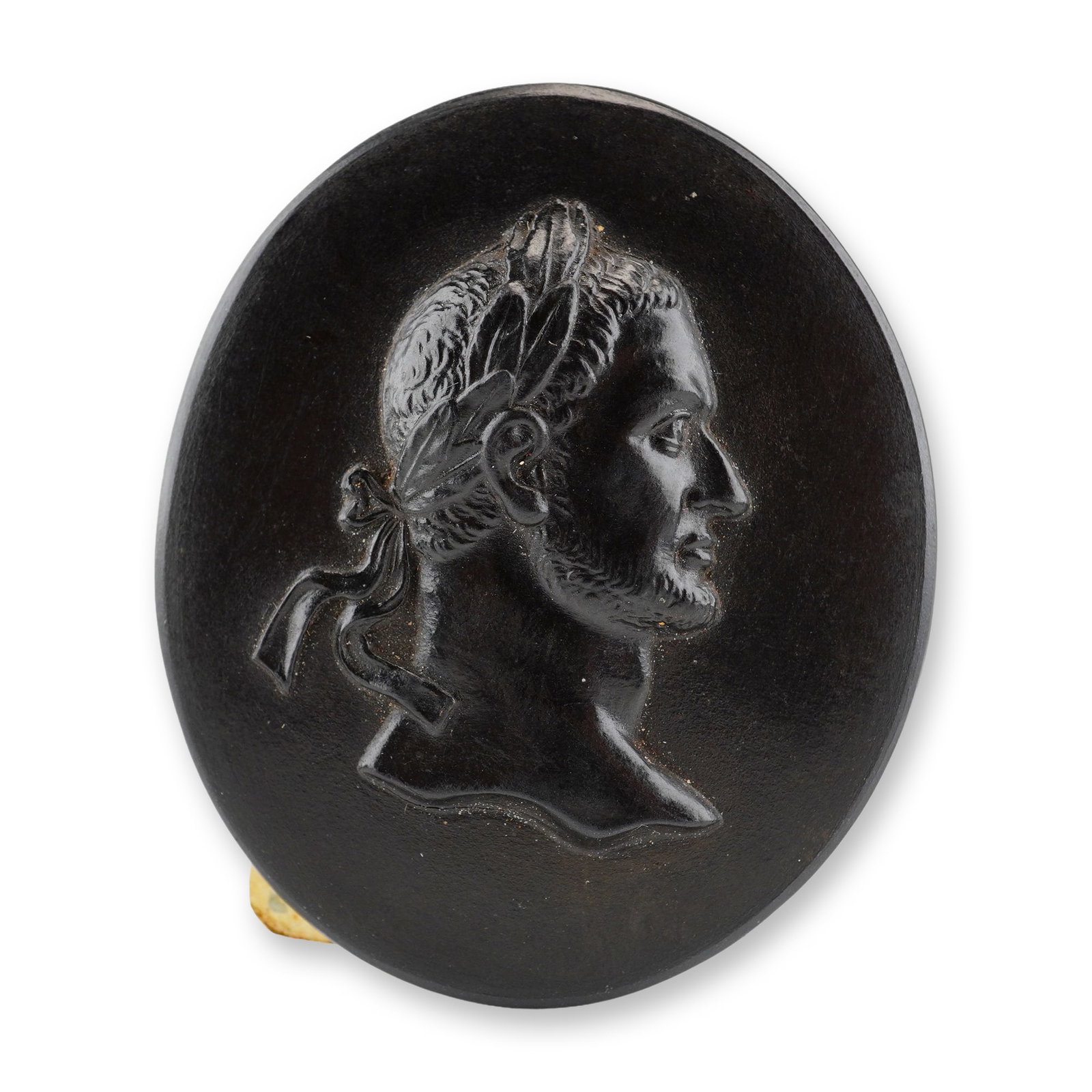 Wedgwood Black Basalt Portrait Medallion of Lucius Verus: A Wedgwood black basalt stoneware portrait medallion featuring a bas-relief profile of the Roman Emperor Lucius Verus. The subject is depicted facing right with a short beard and curly hair, wearing a