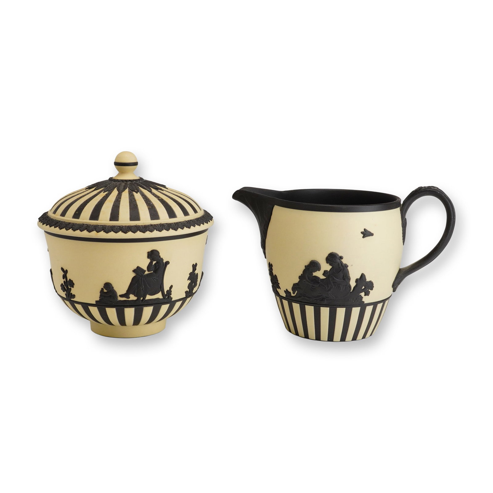 A 2-Piece Wedgwood Primrose and Black Basalt Jasperware Lidded Sugar Bowl and Creamer (1 of 4)