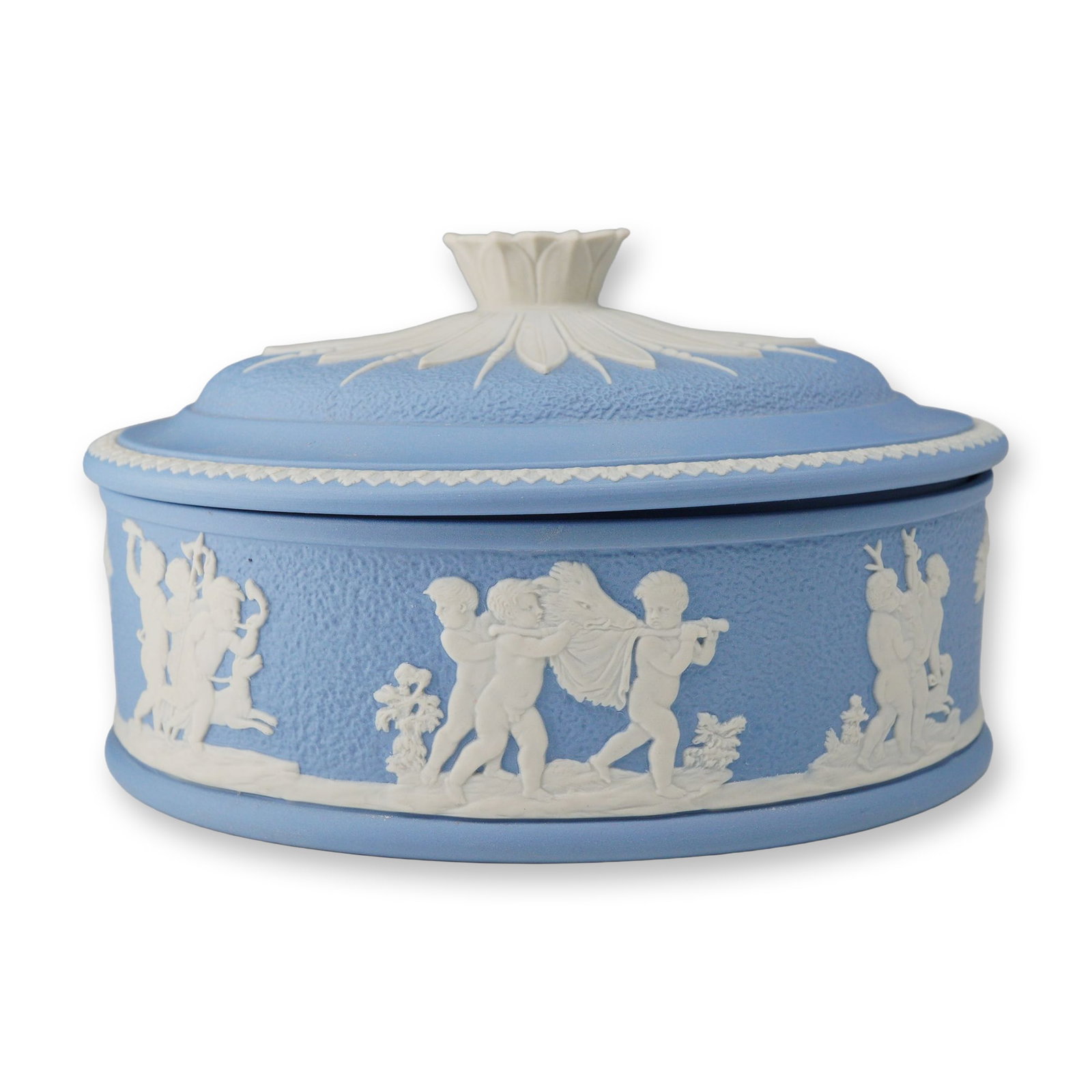 Wedgwood Pale Blue Jasperware Limited Edition Ladies Paint Box: This is a Wedgwood pale blue Jasperware Ladies Paint Box, a limited-edition piece from the Masterpiece Series produced in 1982. The set is constructed from unglazed, matte-finish stoneware and feature