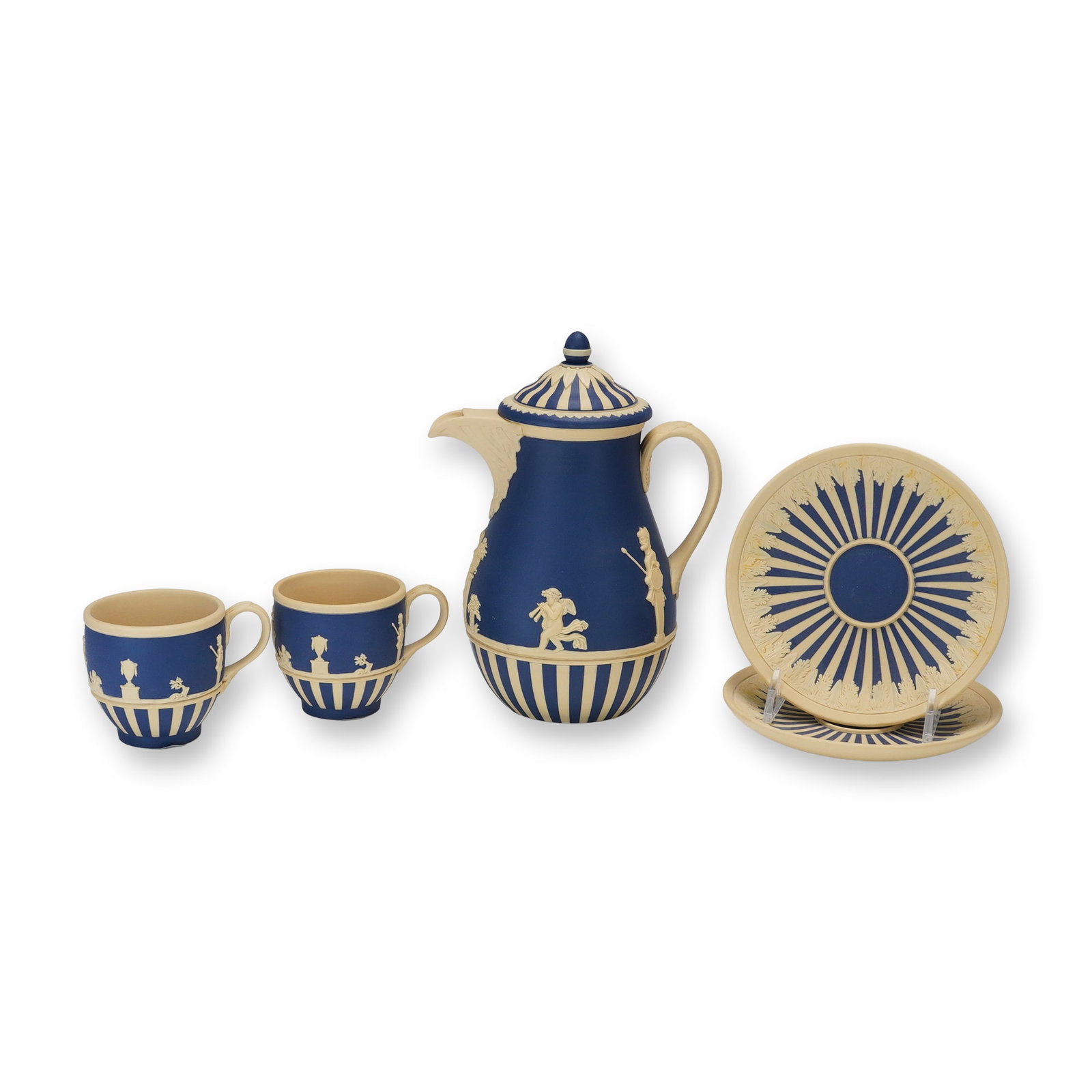 5pc Wedgwood Jasperware Four Seasons Coffee Set: A limited-edition Wedgwood Prestige Four Seasons coffee set crafted in bi-color dark blue and cream jasperware. The set features applied cream-colored bas-relief neoclassical figures depicting various