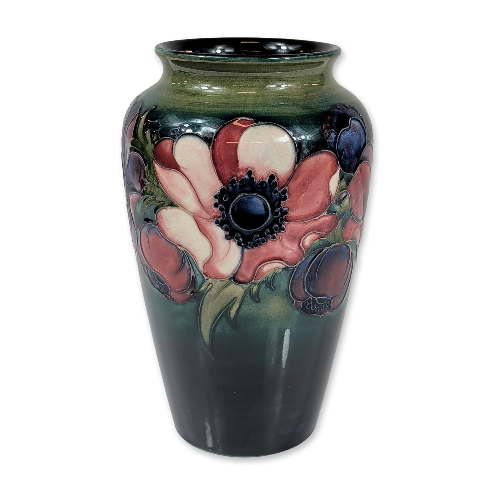 Moorcroft Anemone Pattern Pottery Vase: Walter Moorcroft art pottery vase in the Anemone pattern, circa 1940s. The vessel features a tapered ovoid body with a short flared neck, decorated with tubelined anemone blossoms in shades of dusty r