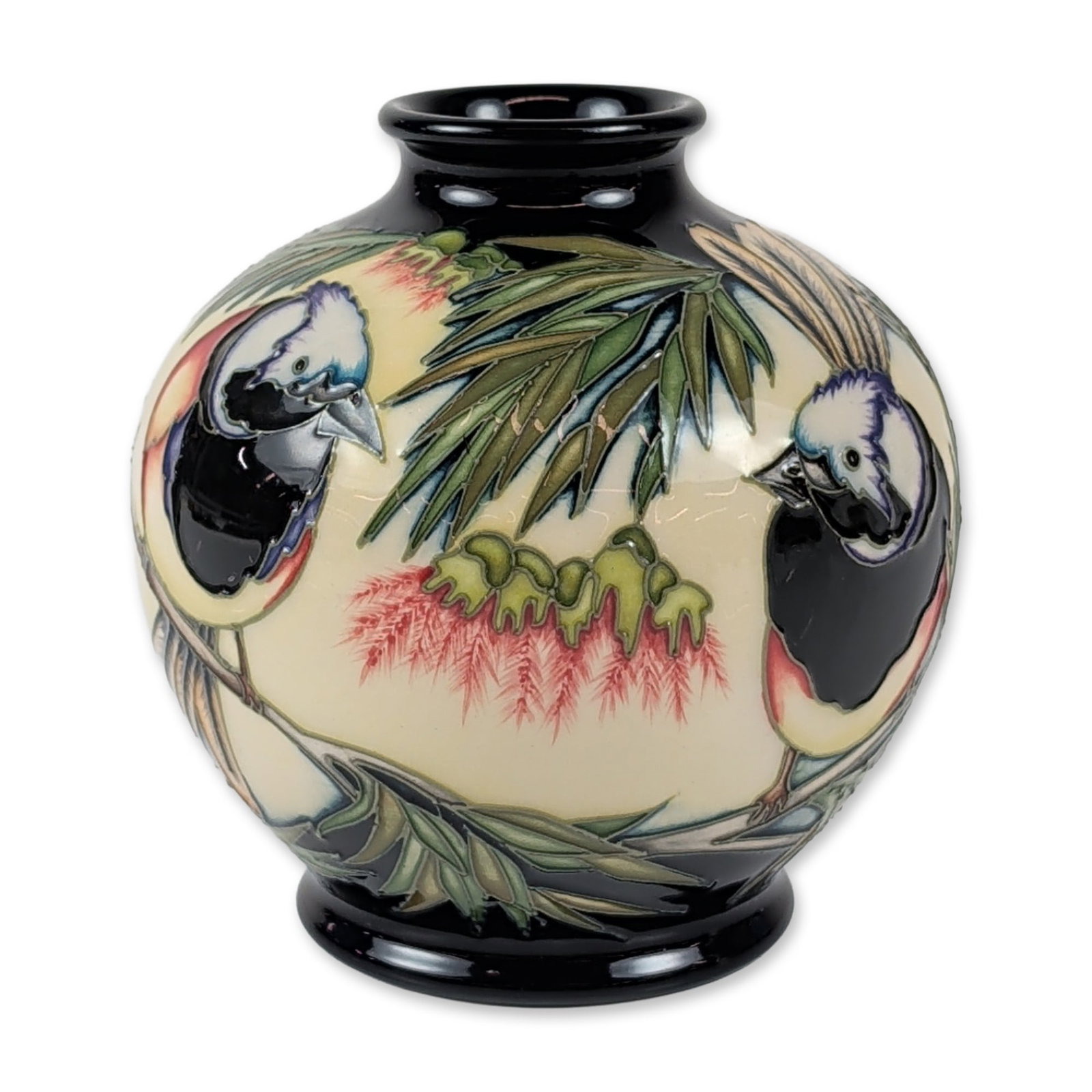 Moorcroft Kerry Goodwin Fairy Wren Trial Pottery Vase: Moorcroft pottery trial vase in the Fairy Wren pattern designed by Kerry Goodwin. The squat bulbous earthenware form is decorated using traditional tube-lining and hand-painted glazes depicting blue-w
