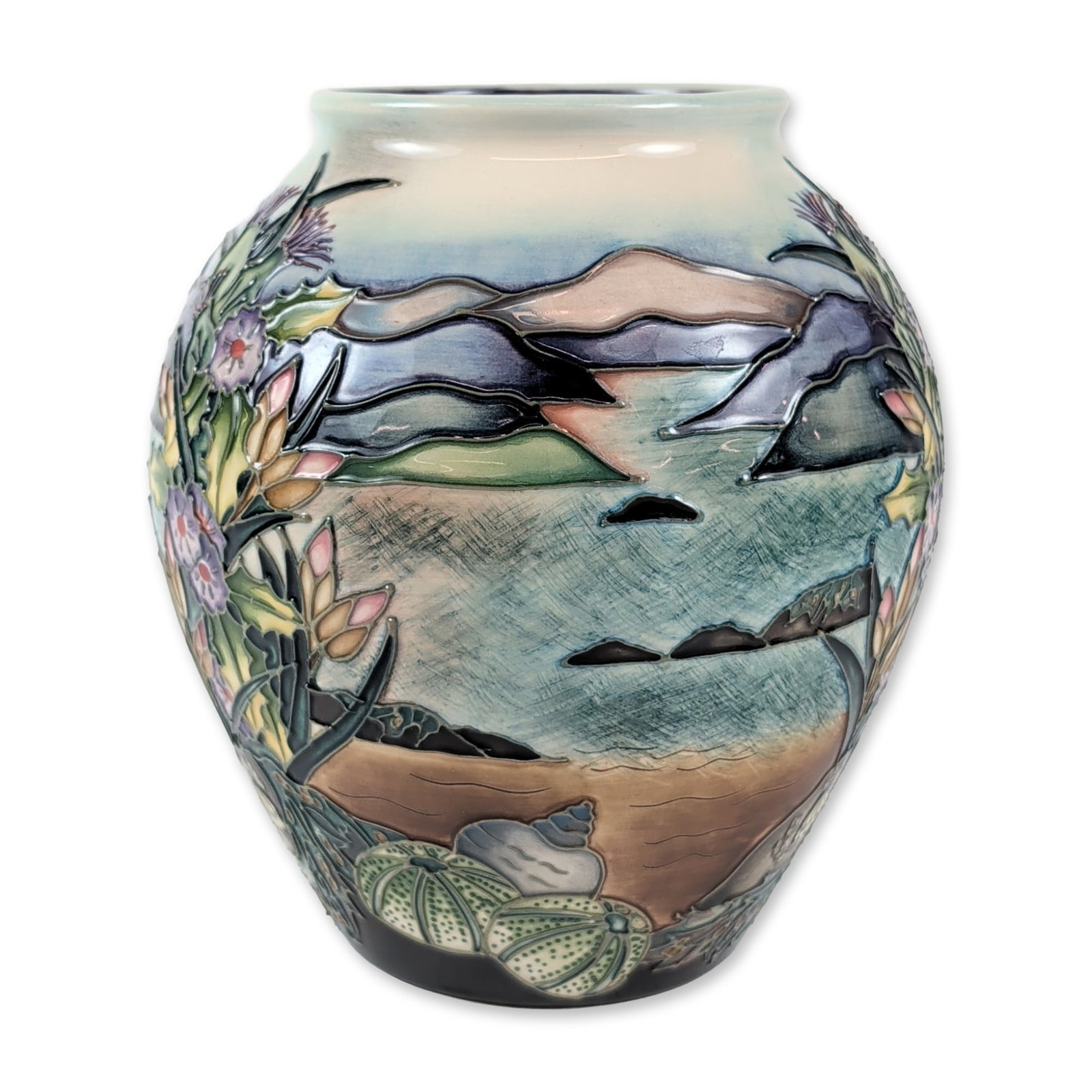 Moorcroft Rachel Bishop Islay Coastal Landscape Pattern Vase: Hand-decorated in Stoke-on-Trent, England, this elegant earthenware art pottery jug showcases the celebrated Islay pattern designed by senior studio artist Rachel Bishop. The graceful vessel form feat