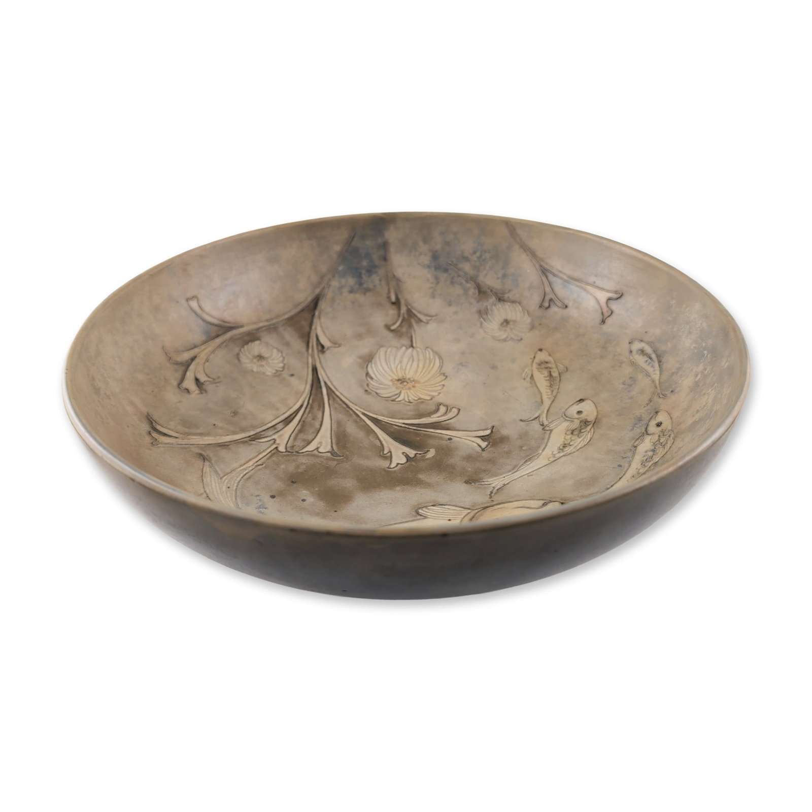Moorcroft Pottery Fish Saltglaze Large Bowl: Depicting a large carp and four smaller fish swimming among blossoms. The interior ground is finished in a mottled tan and grey slip with blue-grey highlights. The underside is marked Moorcroft. 10 in